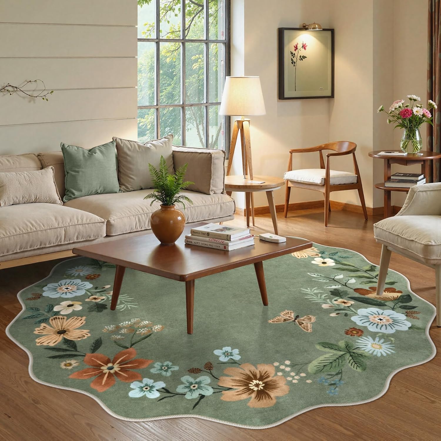 Detalle de Lahome Floral Washable Round Area Rug, 5ft Round, Non-Slip, Boho Green