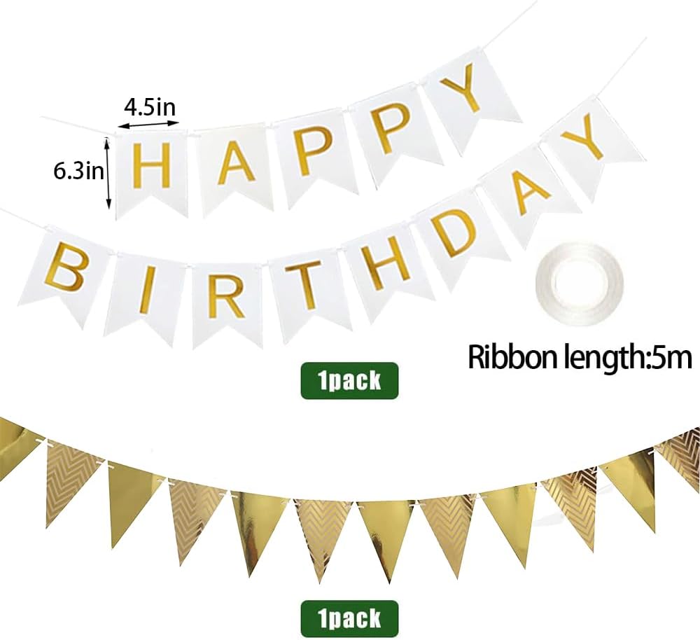 Thumbnail 1 de Geburtstag Dekoration Weiß Gold – Banner, Pompons & Ballons-Set für Festlichkeiten