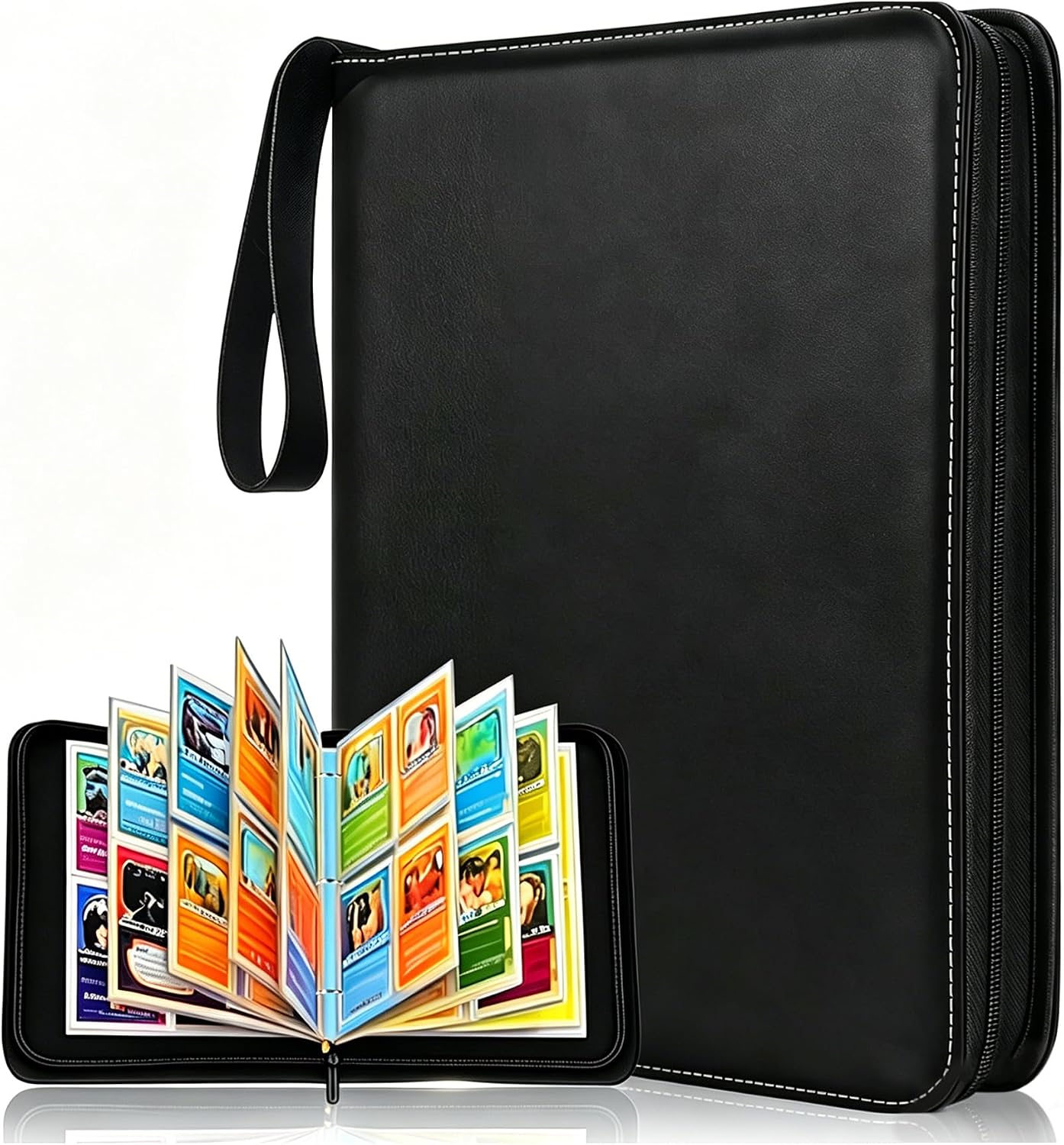 Detalle de Trading Card Binder 4 Pocket: 400 Pocket PU Leather Zip Wallet for MTG and Sports Cards (Black)