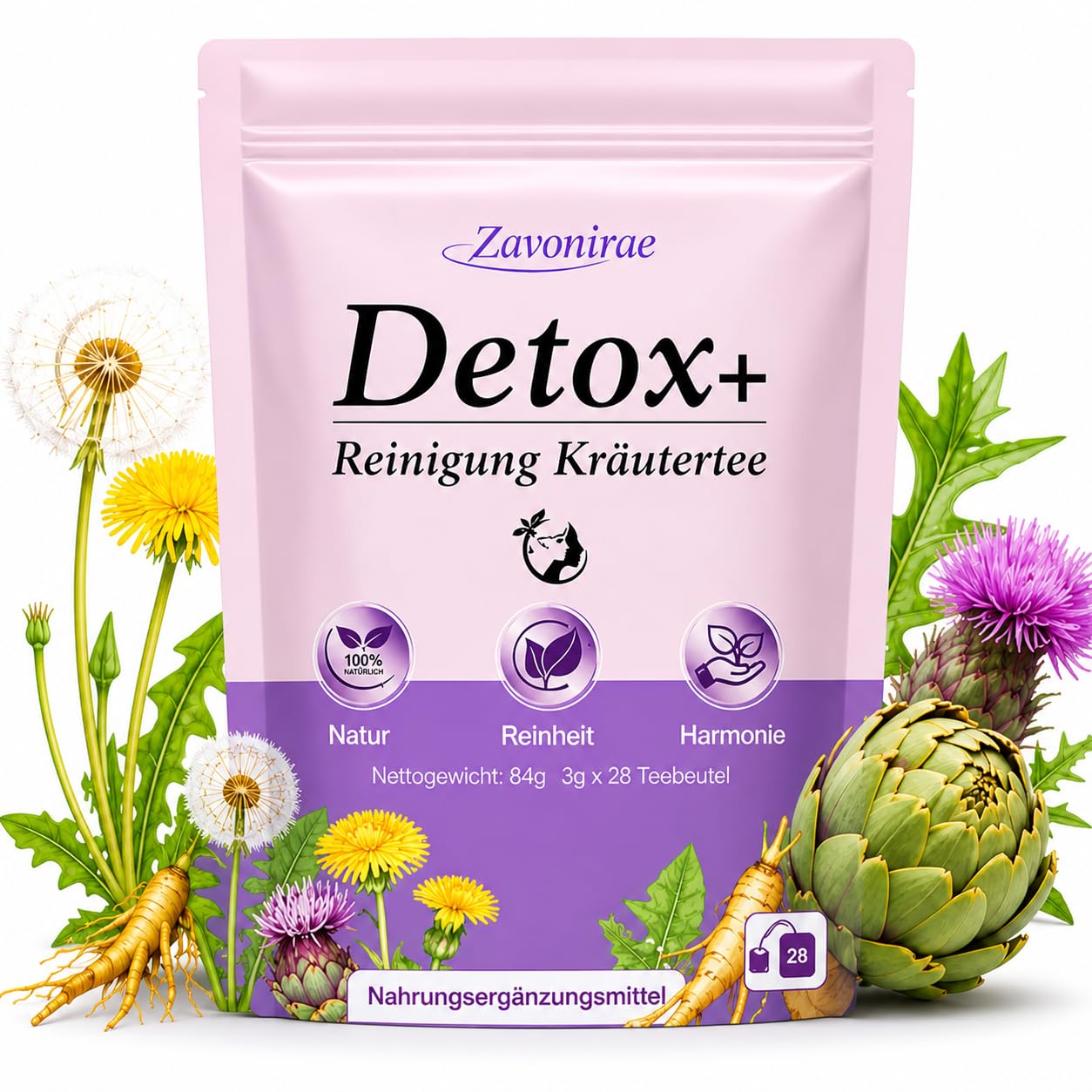 Detalle de Detox Tee zum Abnehmen – 28 Tage Kräutertee mit Leber-Komplex aus Mariendistel, Artischocke & Löwenzahn