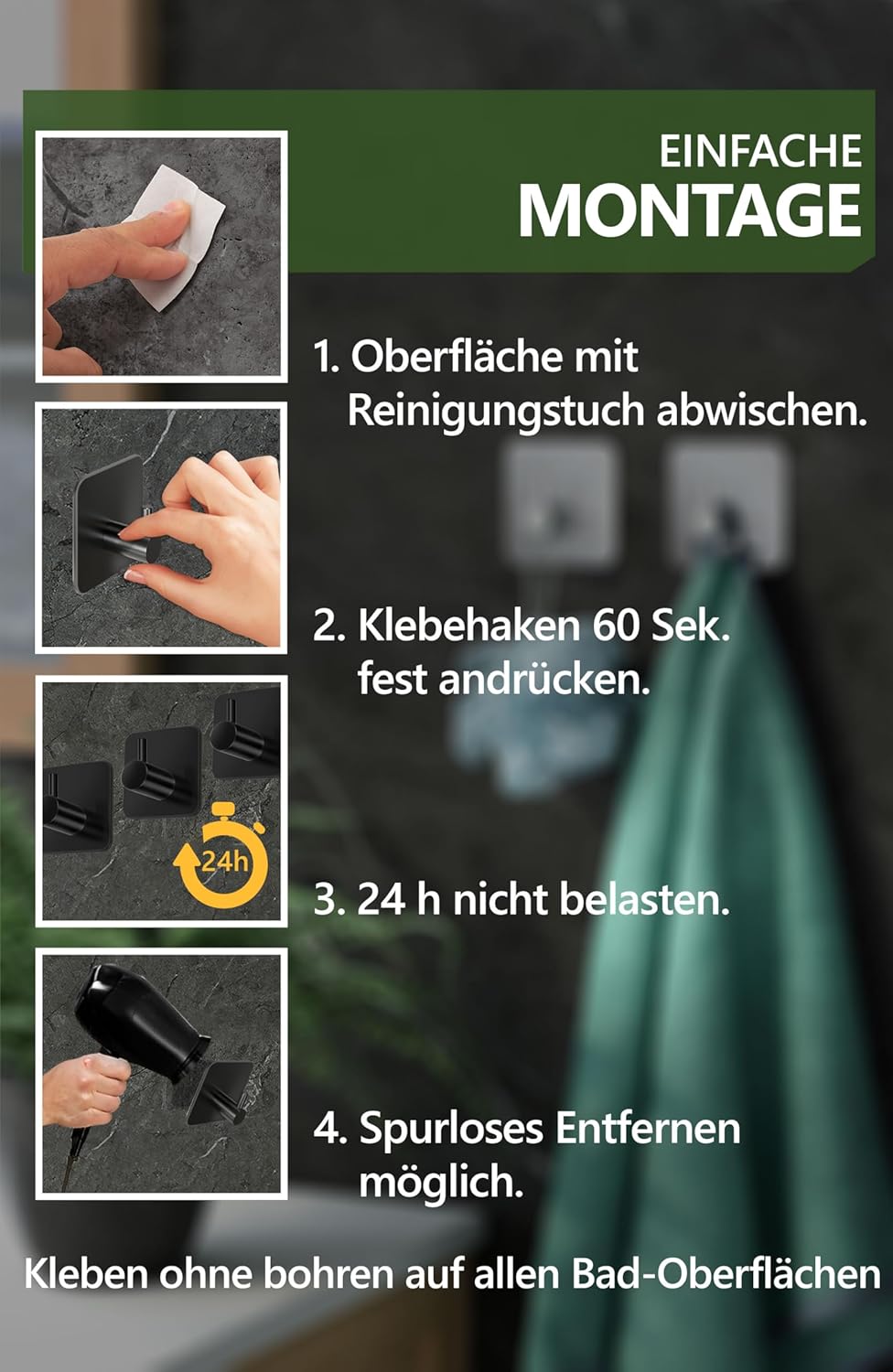 Thumbnail 5 de 4smile Handtuchhalter 6er Set, selbstklebend schwarz