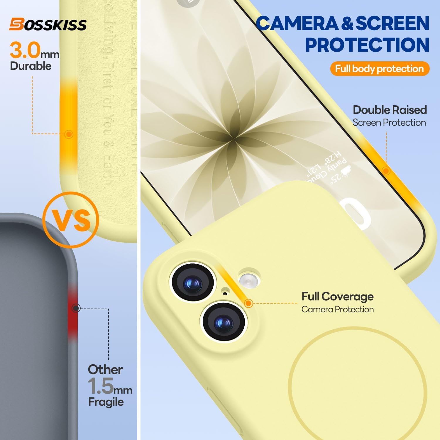 Detalle de BossKiss iPhone 17 Silicone Case, Creamy Yellow, MagSafe-Compatible