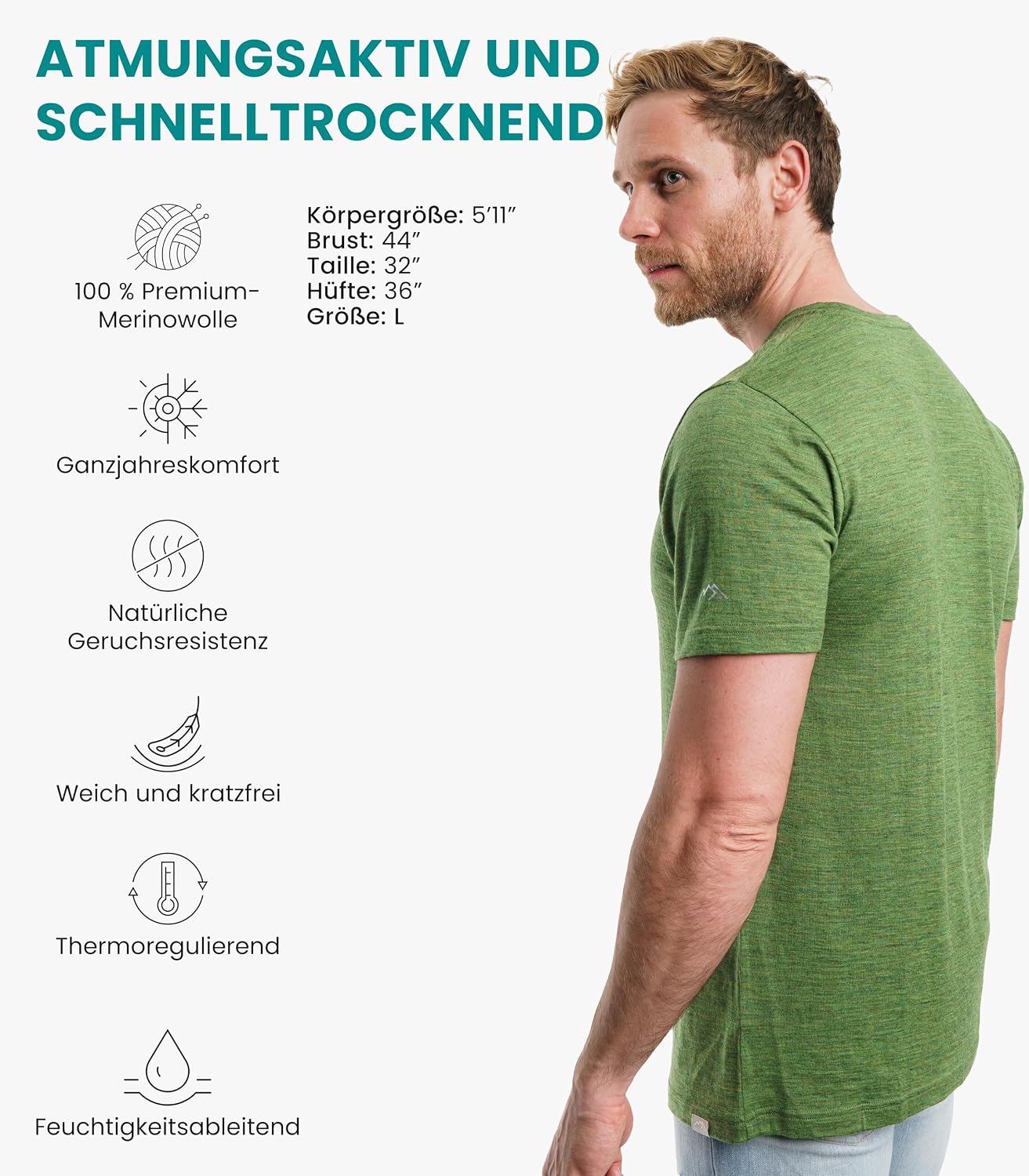 Detalle de 100% Merino T‑Shirt Herren Kurzarm (Sport Shirt) aus Merinowolle – Lightweight 180 g/m²