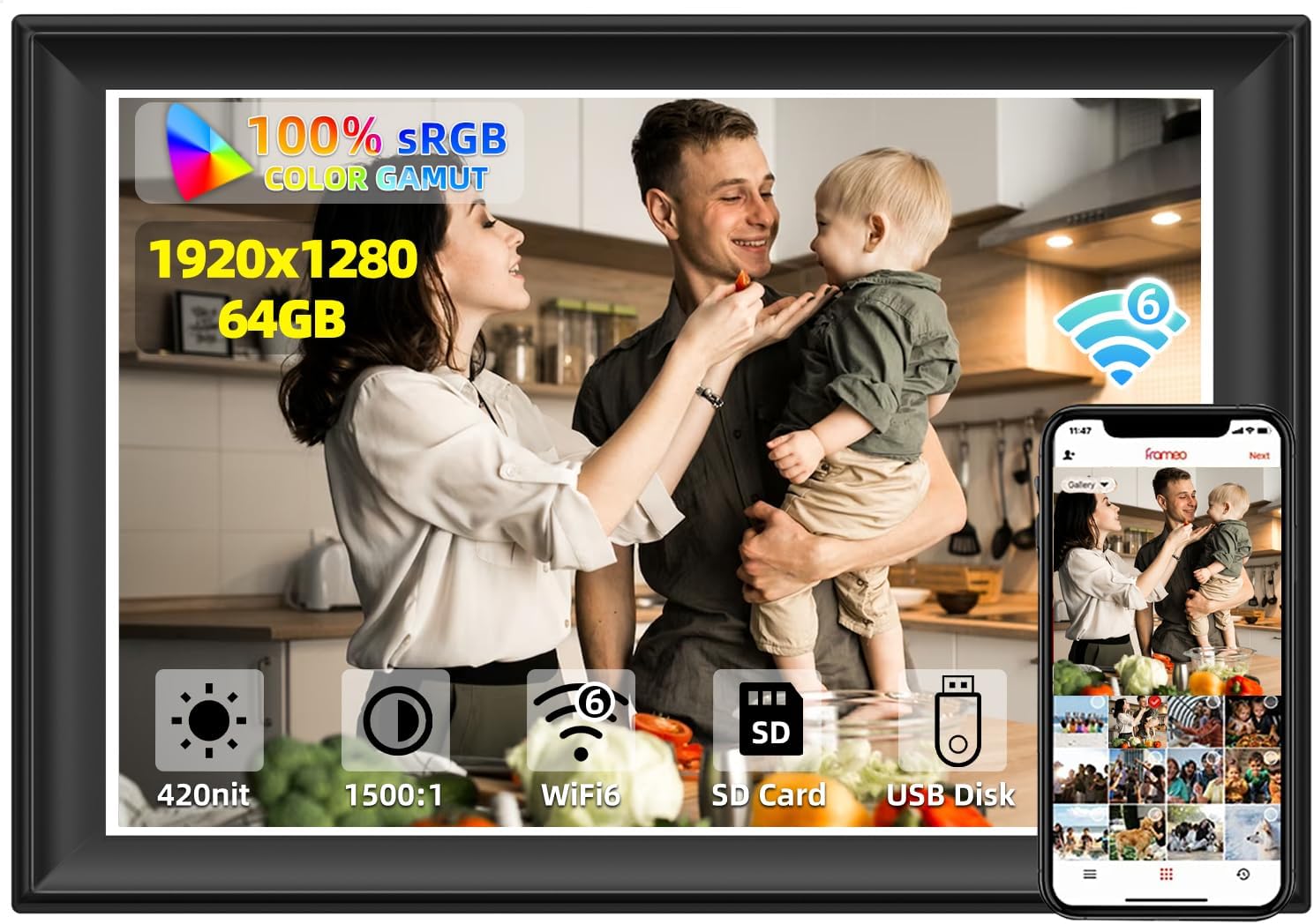 11inch 64GB WiFi & 5G Digital Picture Frame with Touch Screen (Frameo app, FHD IPS, Weather & Clock)