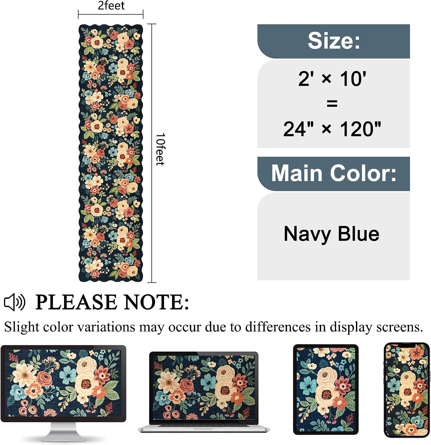 Detalle de DUKINO 2x10 Runner Rug for Hallway: Navy Blue, Non-Slip, Washable Floral Boho Style