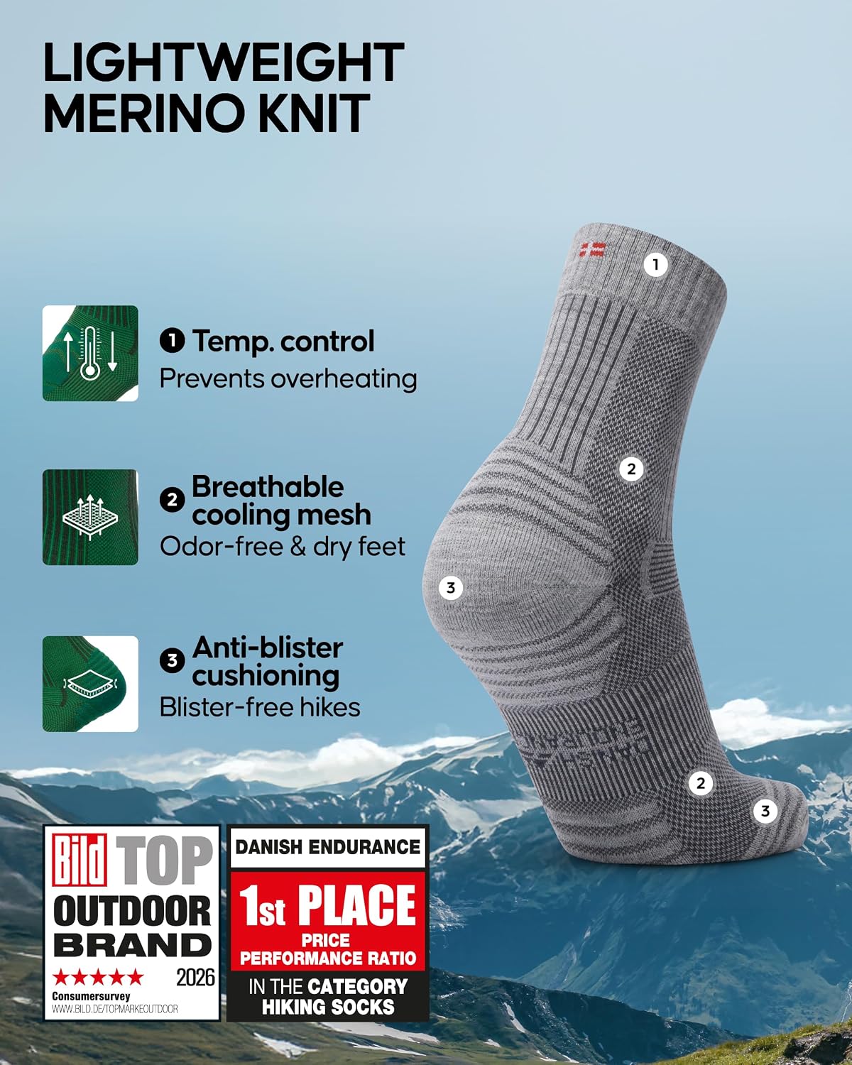 Thumbnail 1 de DANISH ENDURANCE Hiking Socks – Lightweight Merino Wool, Anti-Blister Cushioning, Unisex (3 or 5 Pack)