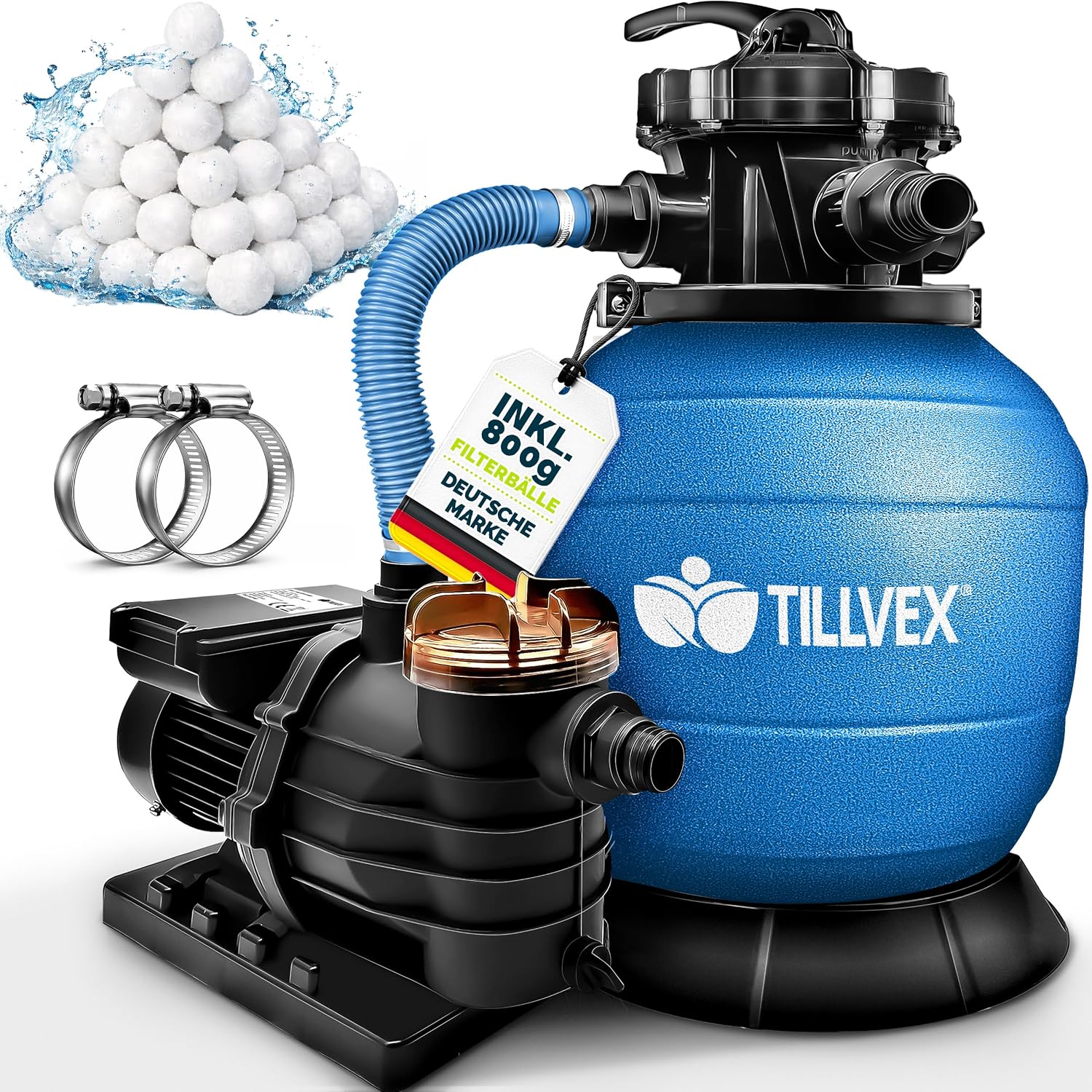 Detalle de Tillvex Sandfilteranlage Pool 10 m³/h inkl. 800 g Filterbälle – 7-Wege Ventil, Ø32/38 mm, Druckanzeige