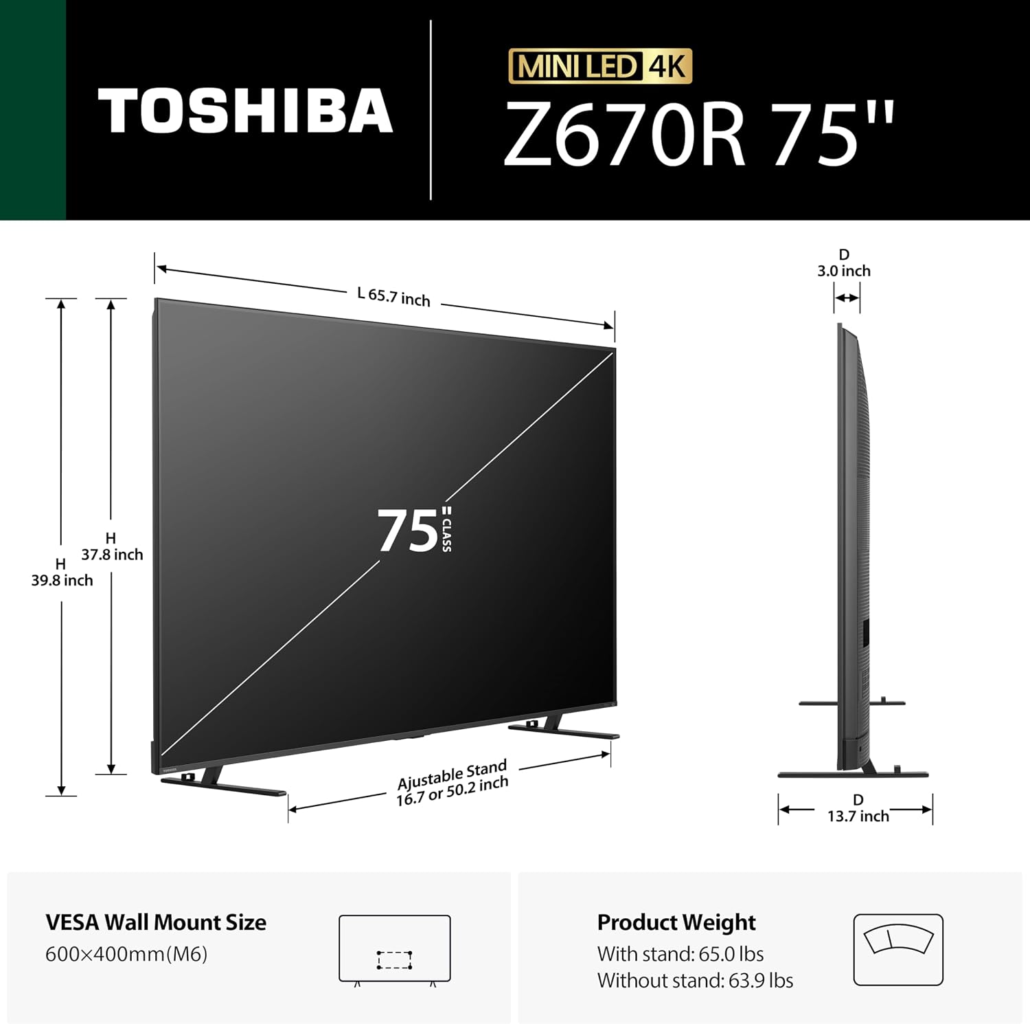 Detalle de Toshiba 75Z670R Z670 Series 75-Inch Mini-LED 4K Fire TV, 144Hz QLED