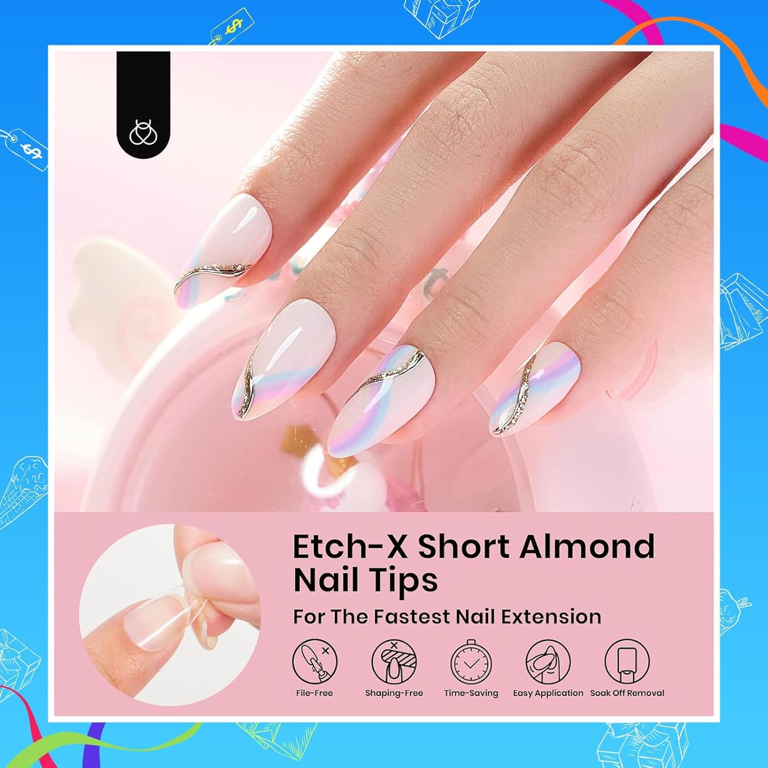 Thumbnail 2 de Beetles Soft Gel Nail Tips Short Almond 288pcs (12 Sizes) — Etch-X Pre-Etched Full Cover Fake Nails for DIY