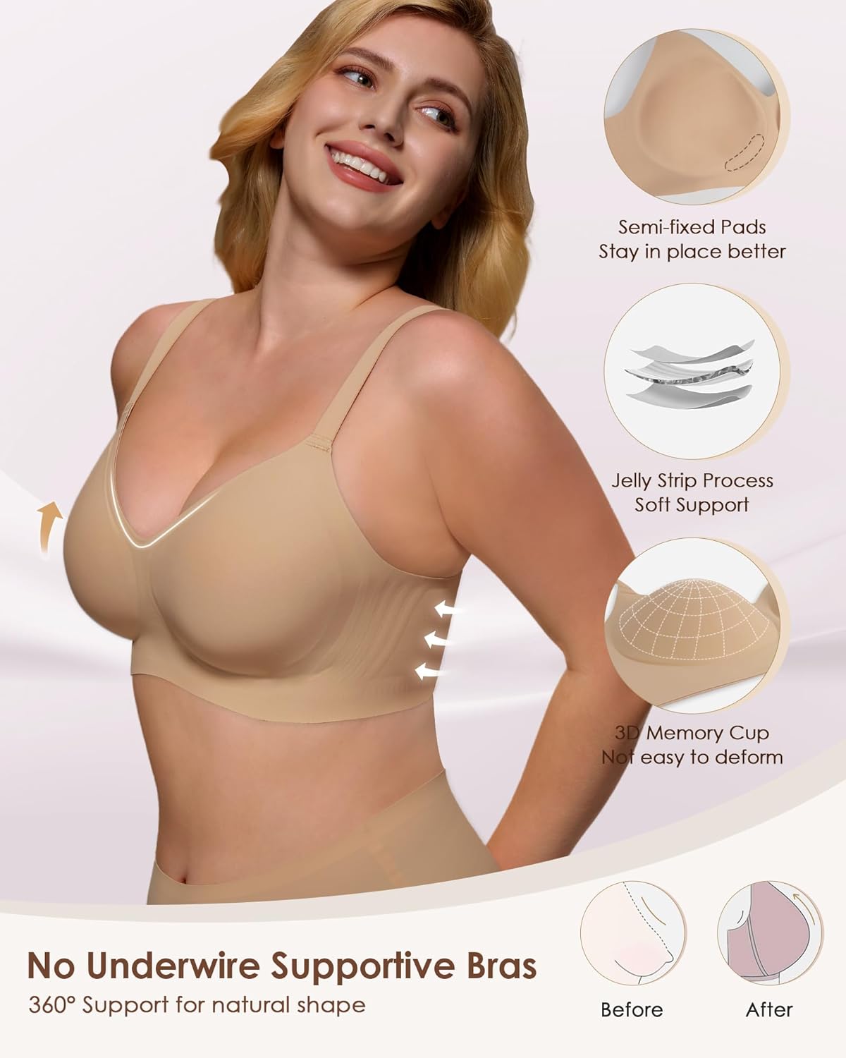 Detalle de As Fairy Wire-Free V-Neck Bralettes with Jelly-Strips Lift (Seamless, 33 Sizes)