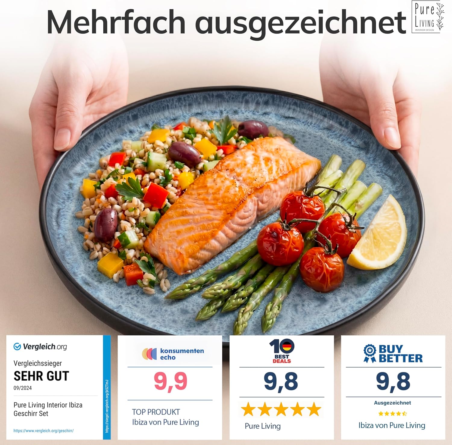 Detalle de Steingut Geschirrset 6 Personen Ibiza 24-tlg. TESTSIEGER – Pure Living, Graublau