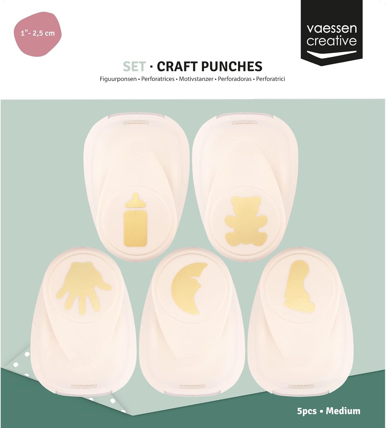 Detalle de Vaessen Creative: Perforatrices Ours, Biberon, Main, Pied et Lune – Lot de 5 poinçons créatifs