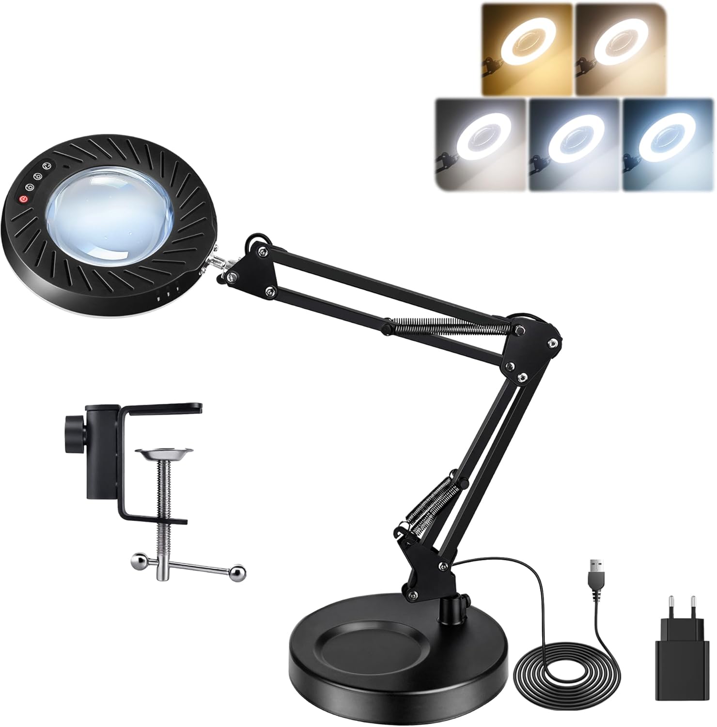 Akynite 12X Lampe Loupe avec Lumière et Support – 144 LED, Bras articulé, 9 luminosités, 2A adaptateur inclus
