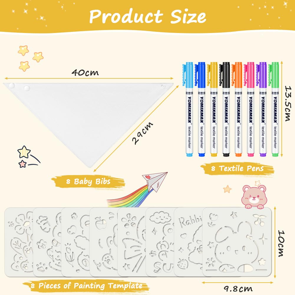 Detalle 2 de Aolso Baby Lätzchen zum Bemalen (8er-Set) mit Textilstiften & Zeichenvorlagen – weiße Baumwoll-Lätzchen, 40 x 29 cm