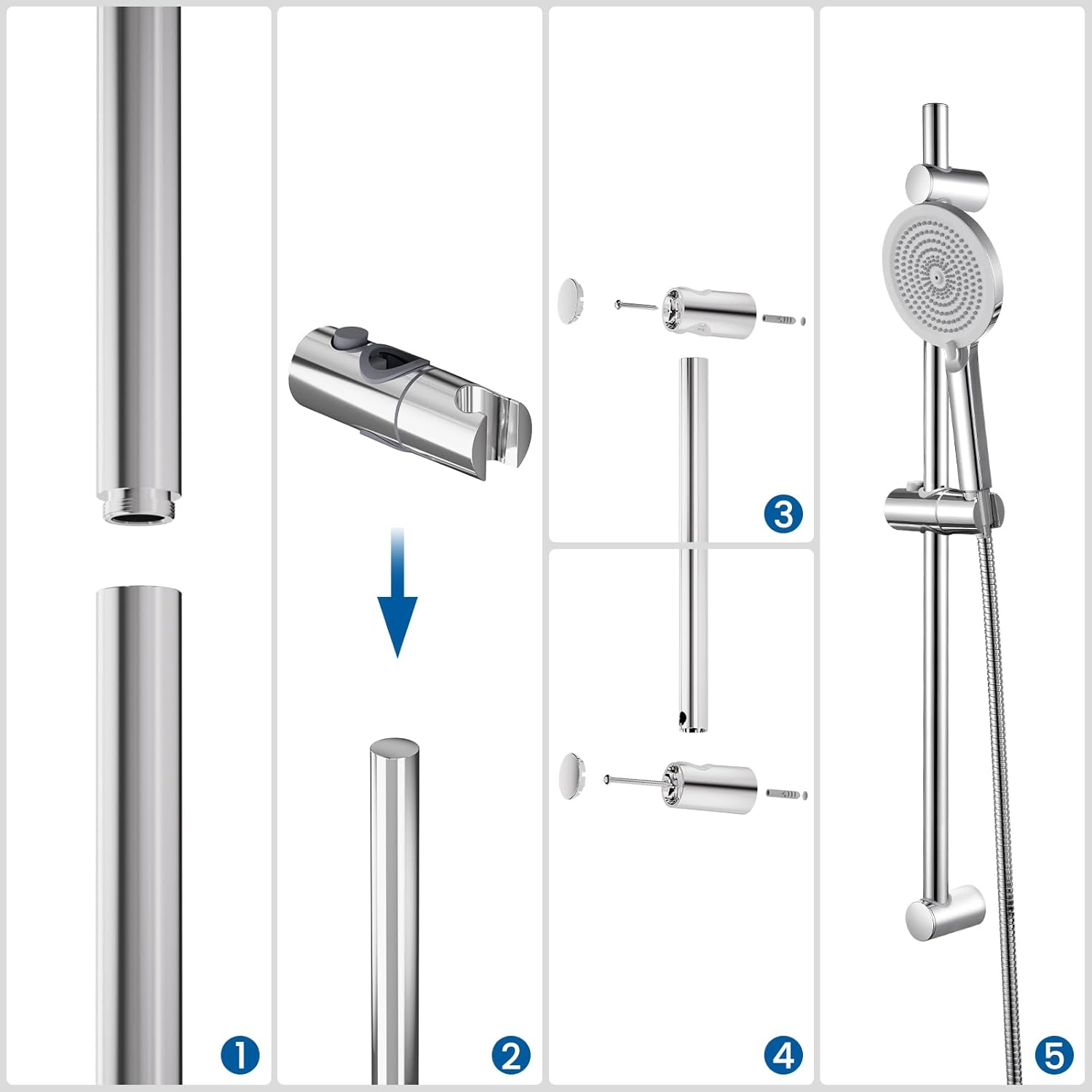 Thumbnail 6 de Auralum Barre de Douche avec Pommeau et Tuyau en Acier Inoxydable (70 cm / 150 cm) – Ensemble chromé