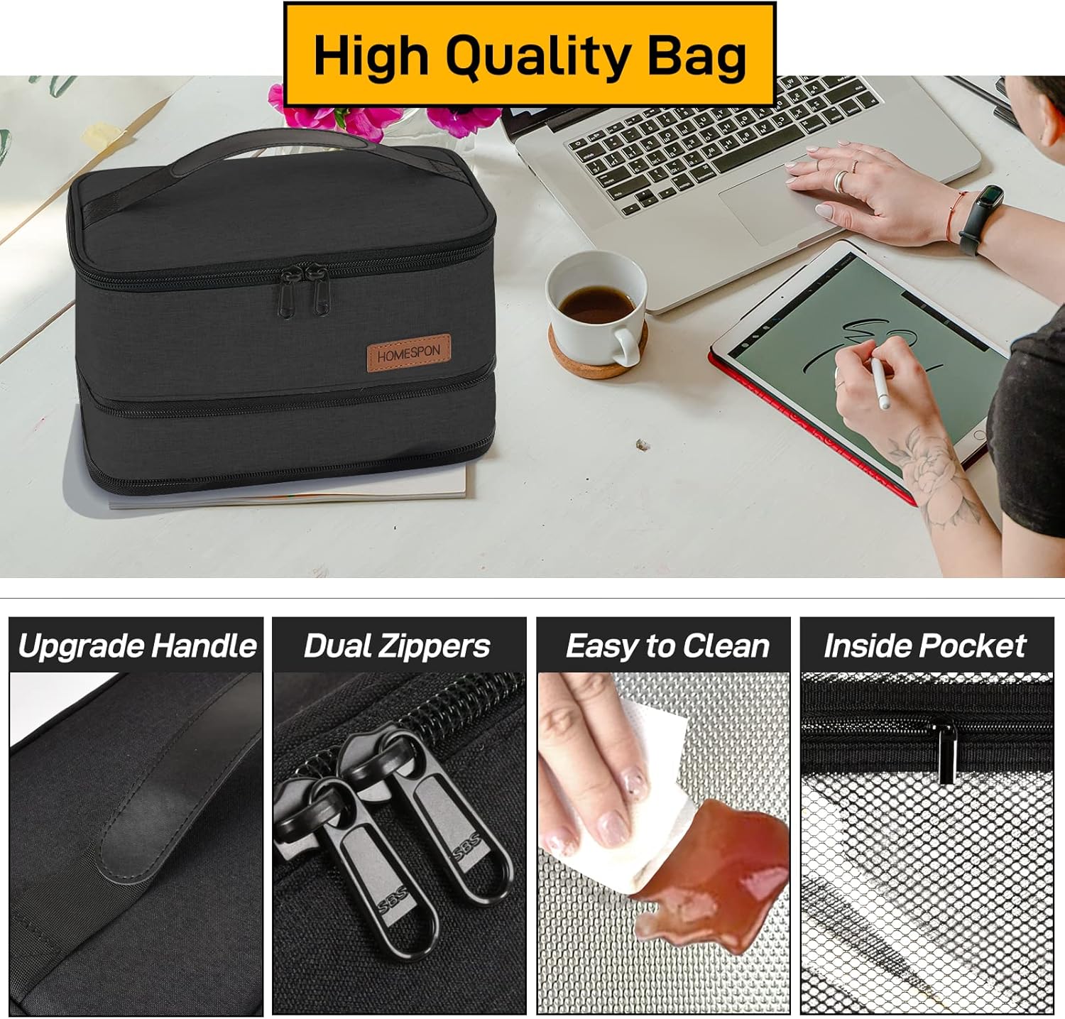 Detalle de HOMESPON Expandable Insulated Lunch Bag (Black) – foldable lunch box holder with handle