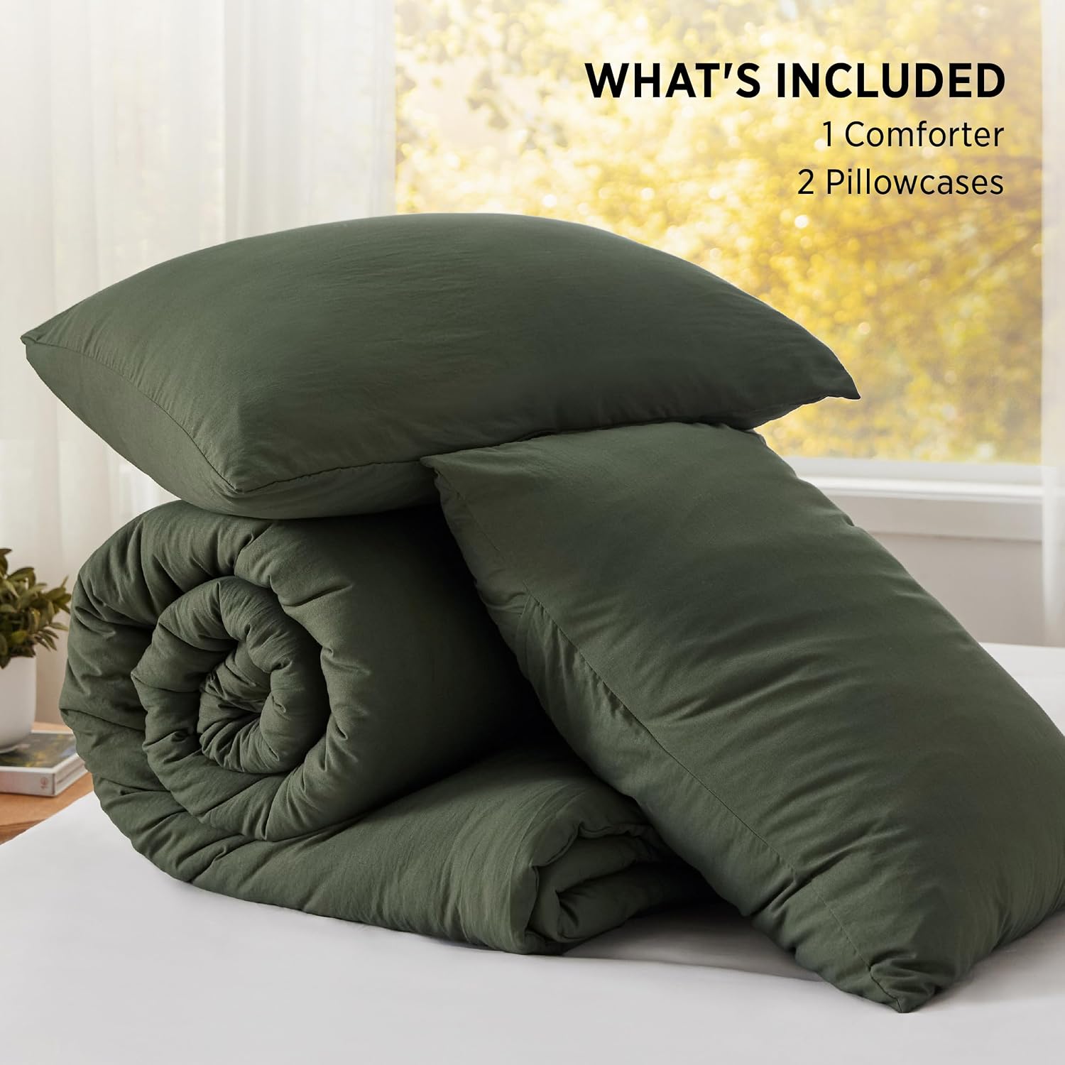 Detalle 2 de Bedsure BB349B2 Full Comforter Set, Dark Green, 3-Piece Polyester Bedding