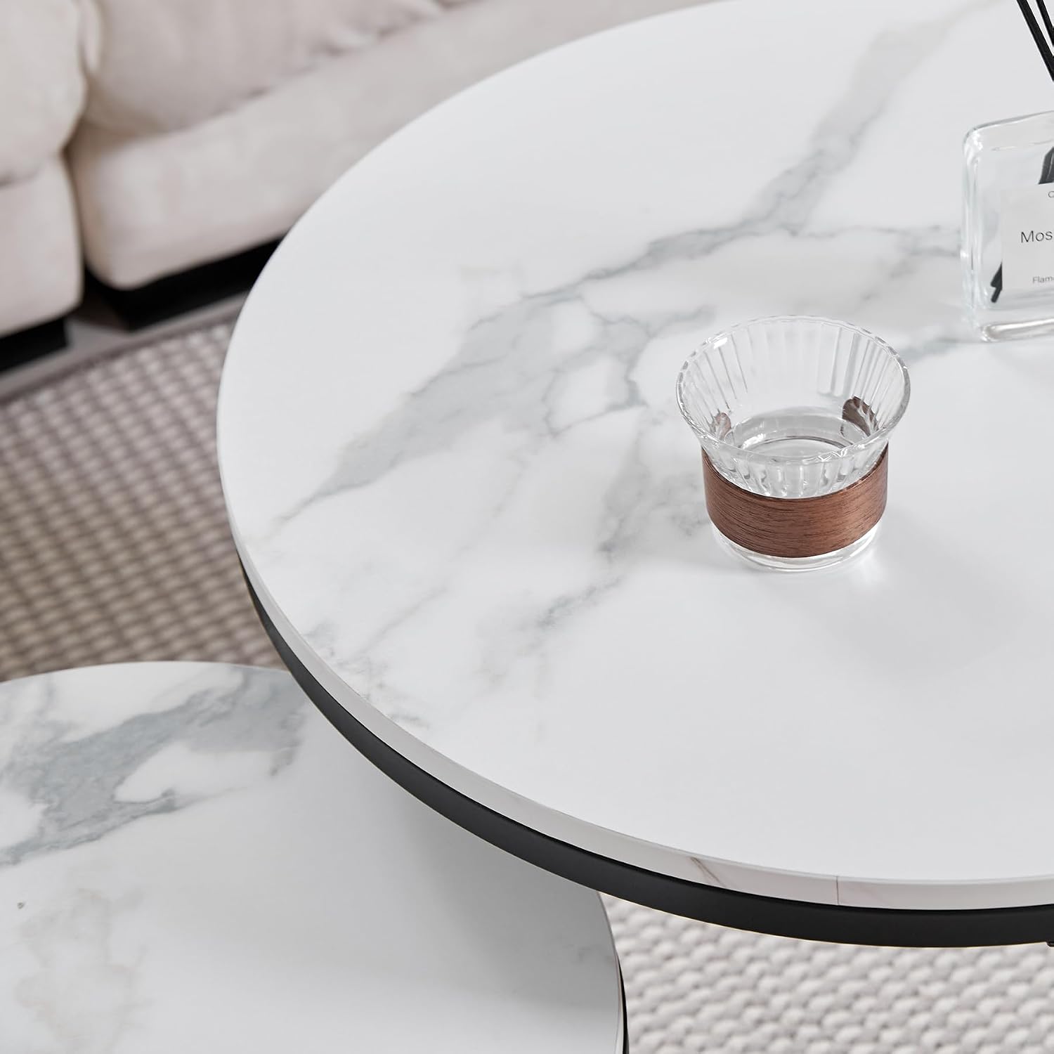 Detalle 2 de HJhomeheart set van 2 ronde bijzettafels, zwart-wit met marmerlook