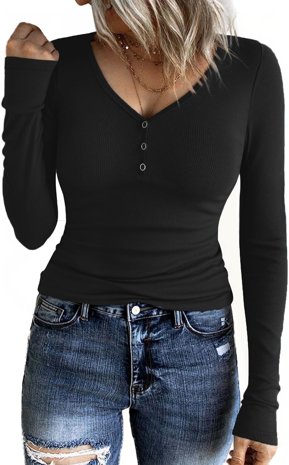 Detalle de Aottori Camiseta Manga Larga Mujer Cuello en V Ajustado