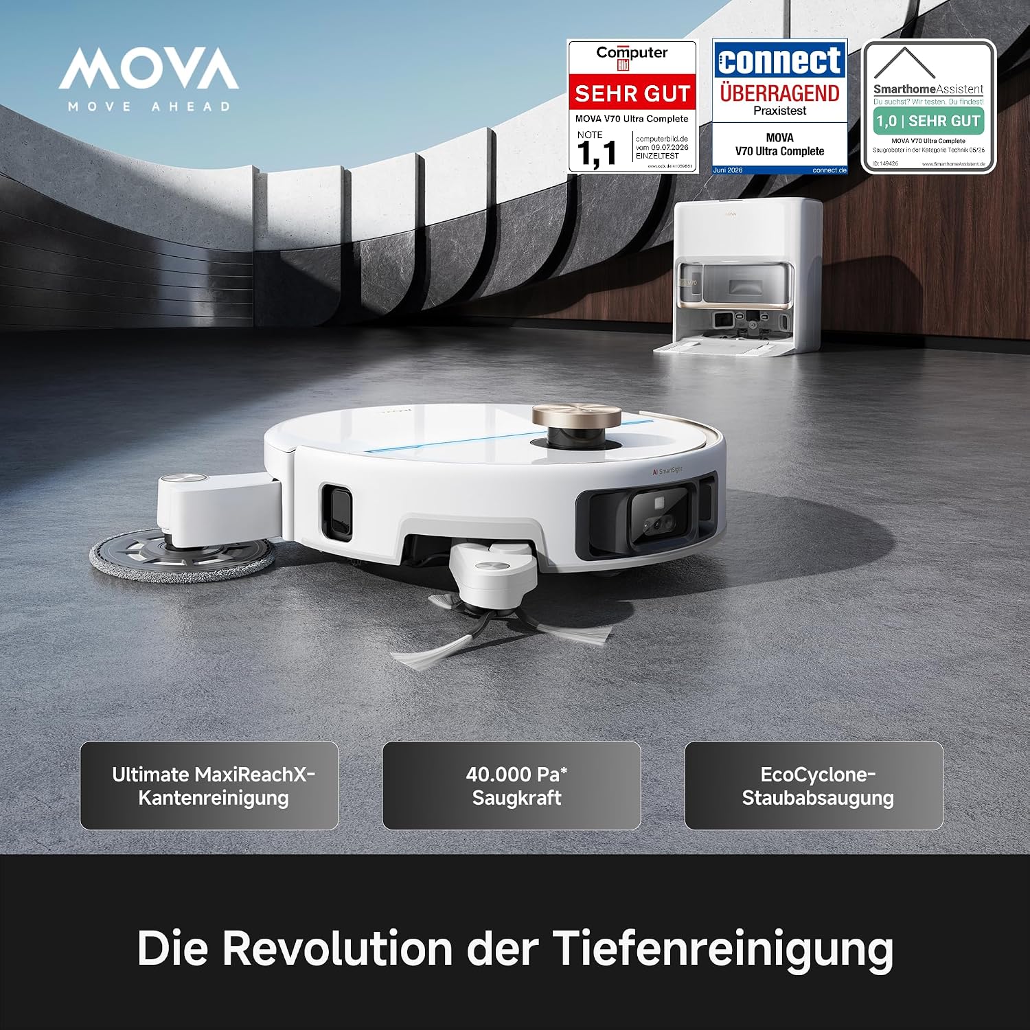 Detalle 2 de Mova V70 Ultra Complete X: Saugroboter mit MaxiReachX-Doppelverlängerung, Seitenbürsten & Mopp