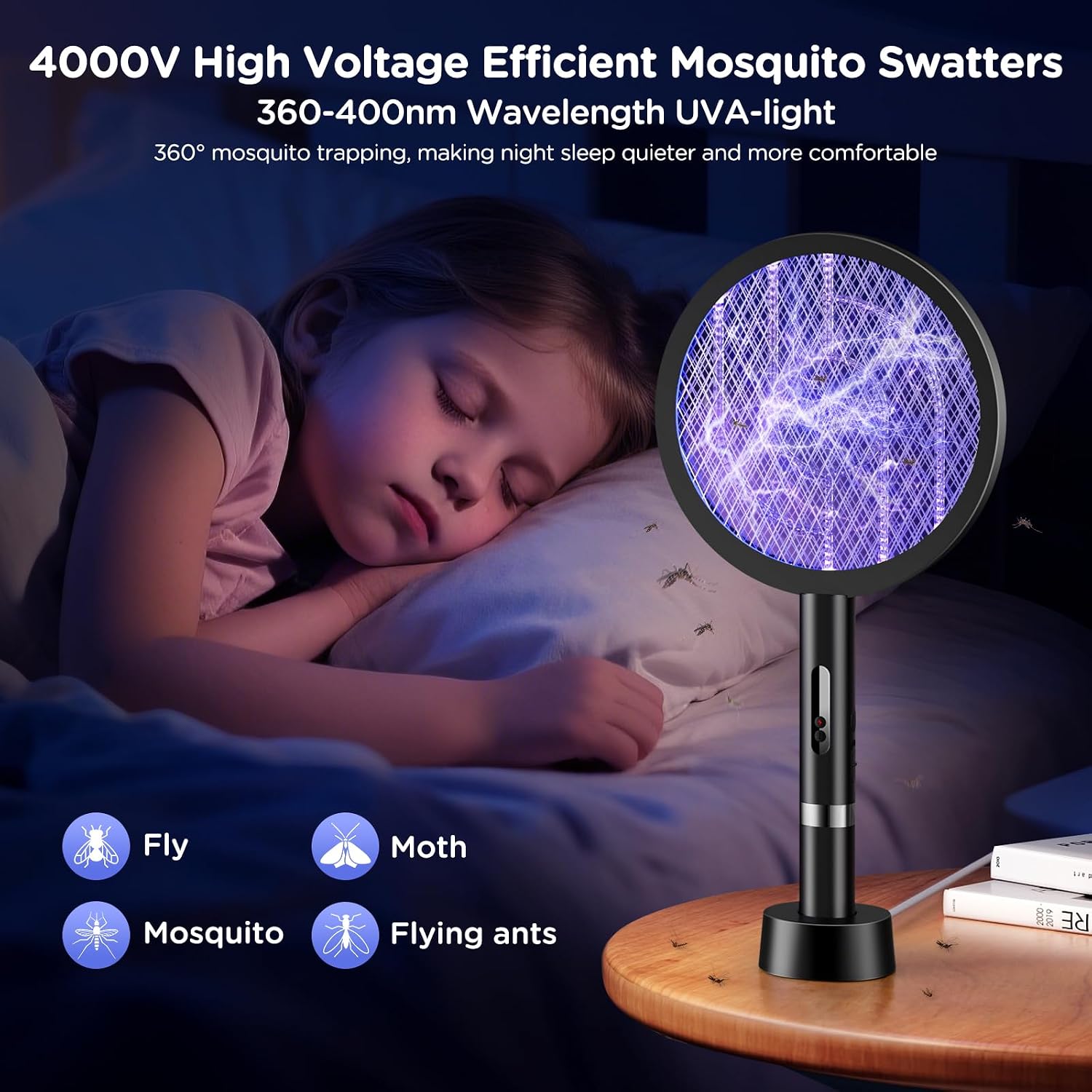 Detalle de BKXCHA 2 in 1 Elektrische Fliegenklatsche – 4000V, USB-Akku, LED-Lichtfalle