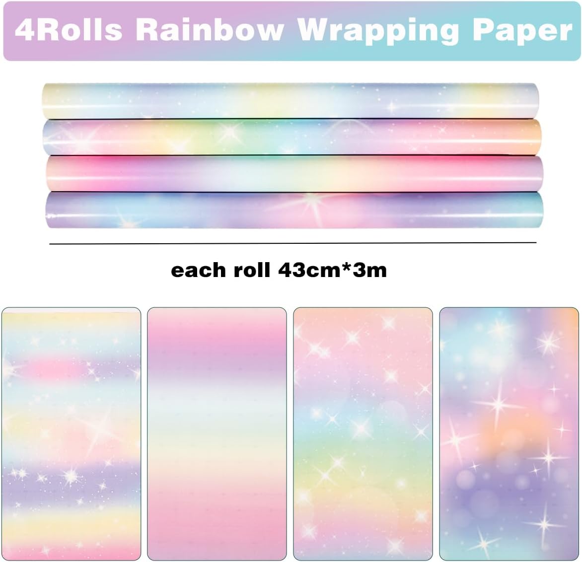 Thumbnail 1 de HBell Rainbow Wrapping Paper Roll — 4 Rolls of 43cm x 3m Pastel Rainbow Designs