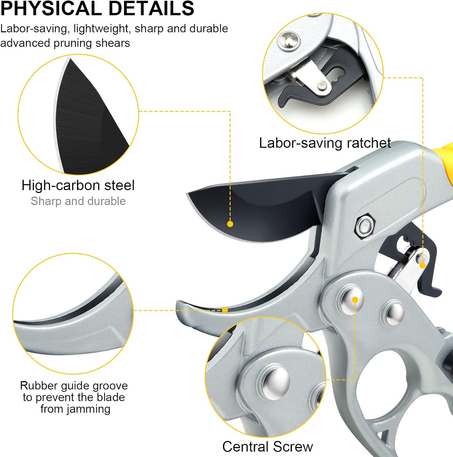 Detalle de MEPEREZ Yellow Pruning Shears, Ratcheting Design, 1-Inch Cutting Capacity
