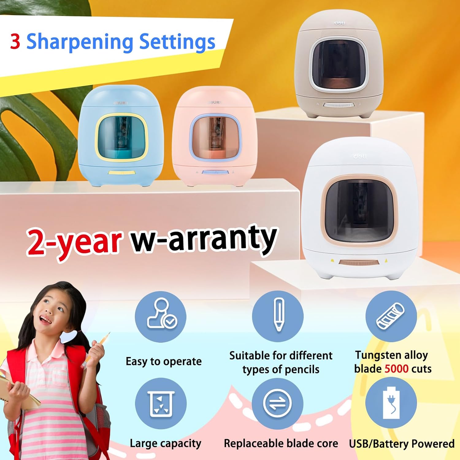 Thumbnail 1 de Electric Pencil Sharpener with 2-Year Warranty – USB/Battery Powered, 6.5–8mm, Pink