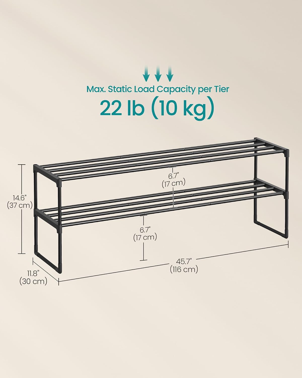 Detalle de SONGMICS DEKY LSA032B01 Two-Tier Shoe Rack, Stackable, 116 cm Wide, Black