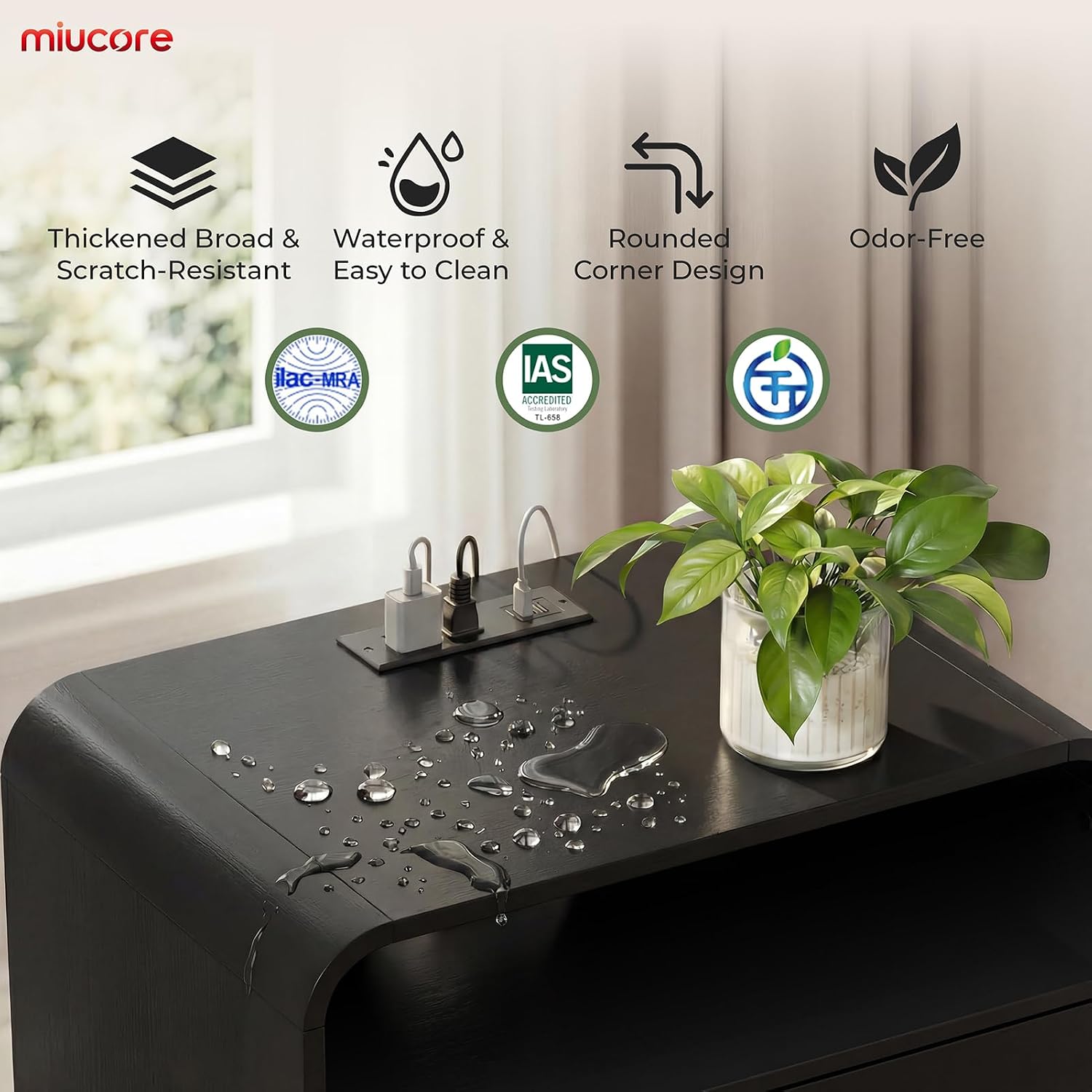 Detalle de Miucore 25" Tall Modern Nightstand with Charging Station, 2 Drawers, Black