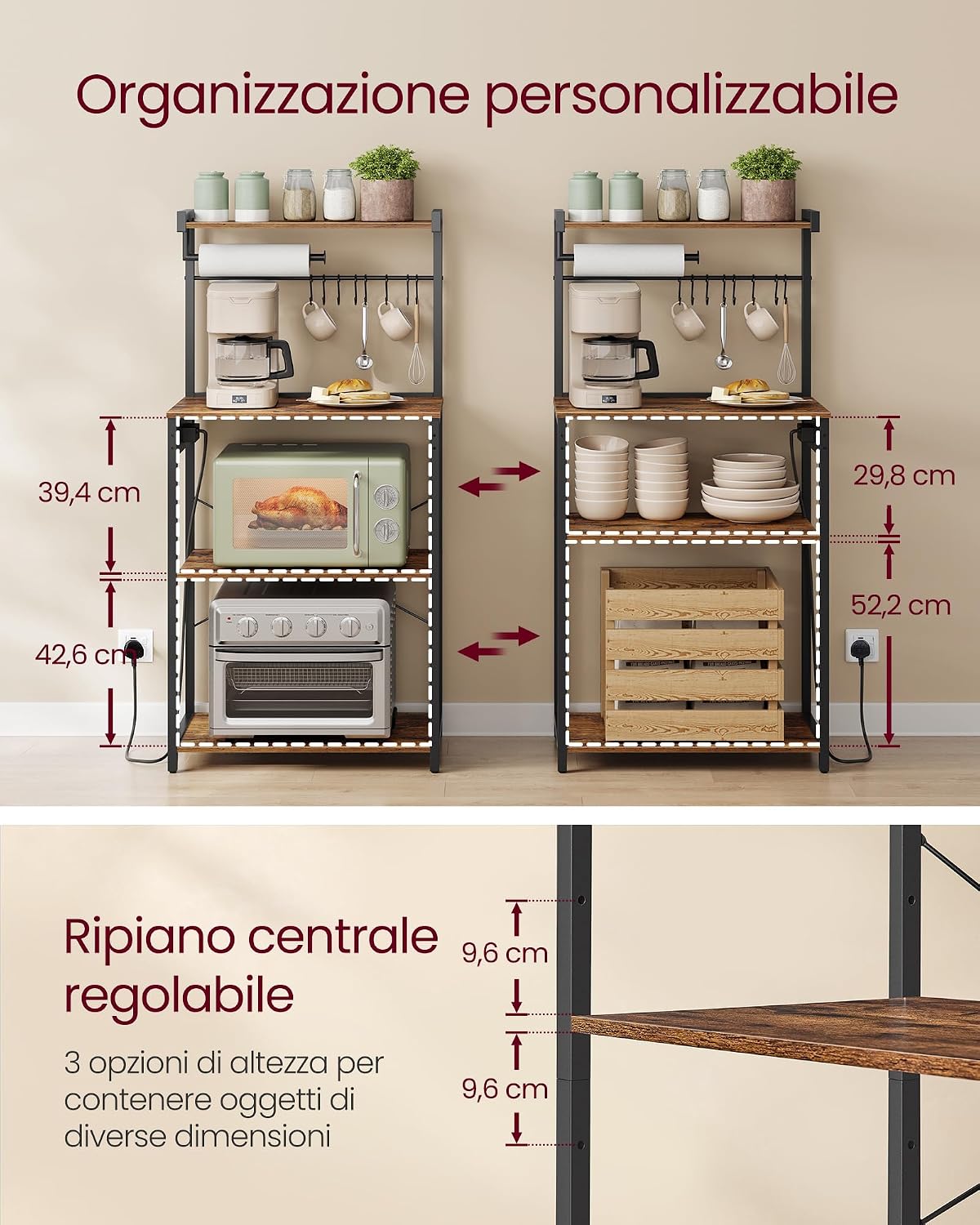 Detalle de VASAGLE KKS013KD02 Scaffale da cucina con multipresa, 4 ripiani e 8 ganci a S (40 x 45 x 140 cm)