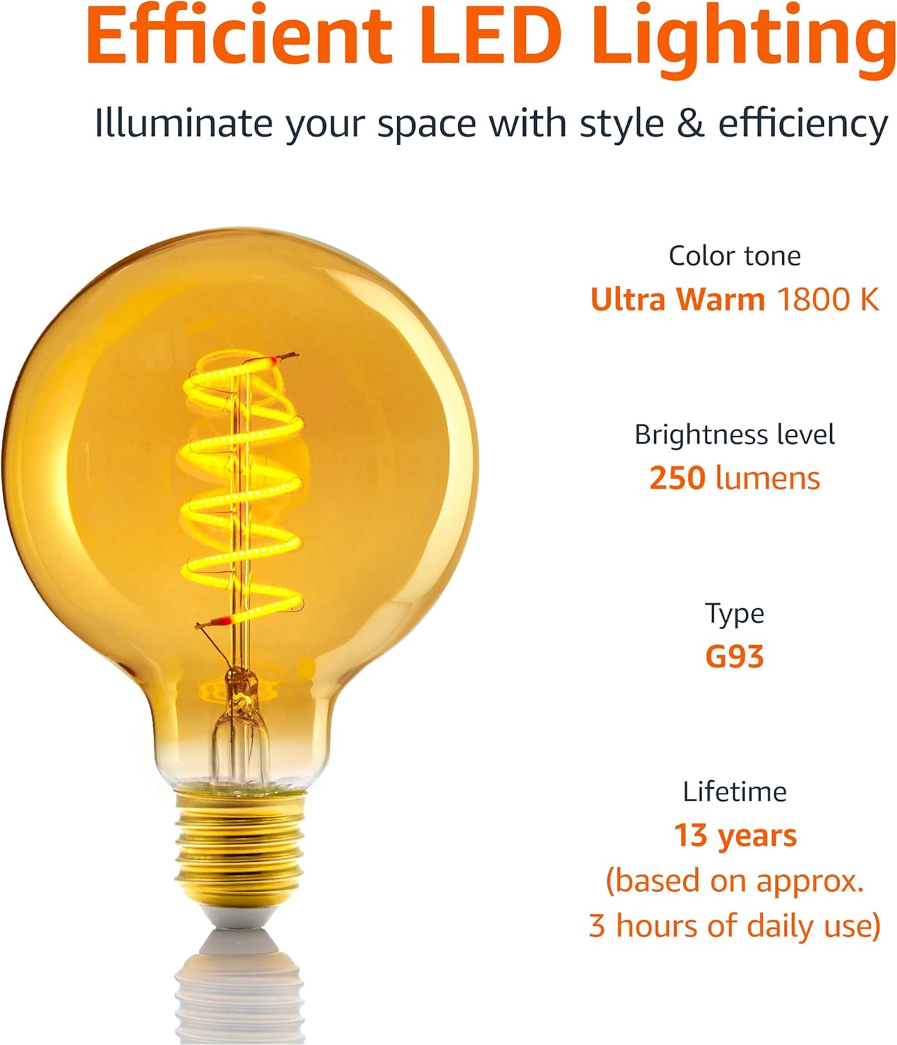 Thumbnail 1 de Amazon Basics E27 Vintage LED Bulb (G93) – 4W Ultra Warm Amber Glass, Pack of 2