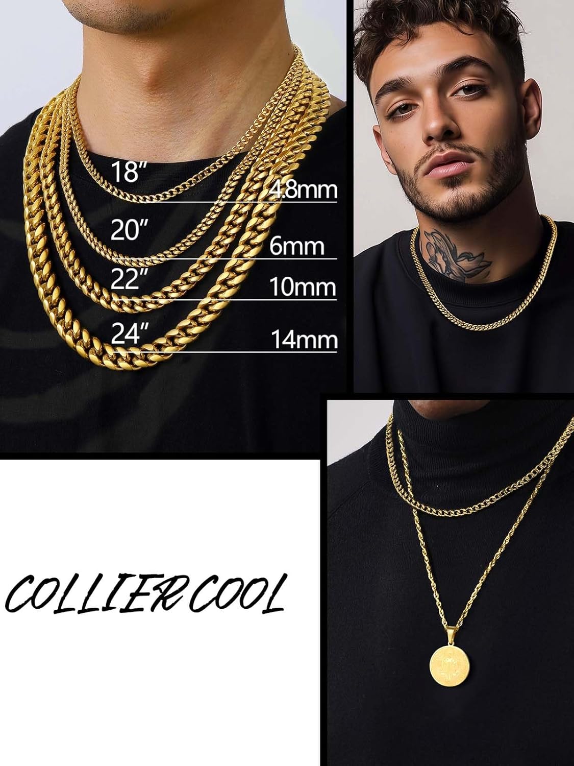 Thumbnail 3 de PROSTEEL Chaîne Collier Homme Gourmette en Acier Inoxydable – Largeurs 4,8/6/10/14 mm, Longueurs 36 à 76 cm, plaqué or/noir