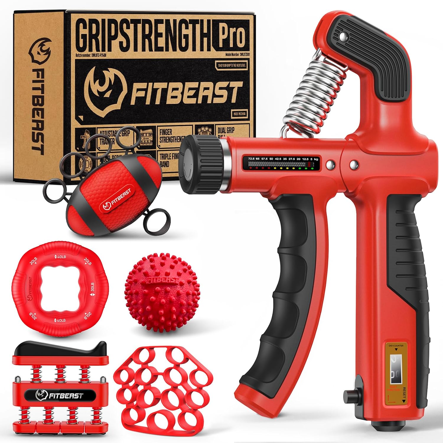FitBeast Grip Strengthener Kit (6 Pack) with Adjustable Resistance & Built-in Force Gauge