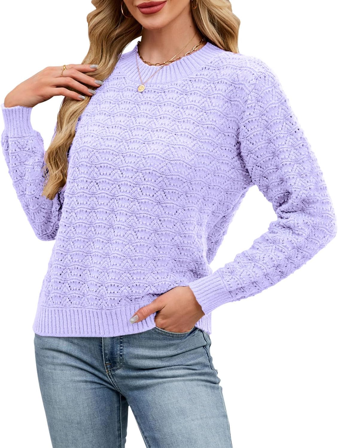 Thumbnail 6 de Quatrefox Damen Pullover Winter Rundhals Grobstrick mit Wellenmuster – locker sitzender Strickpullover