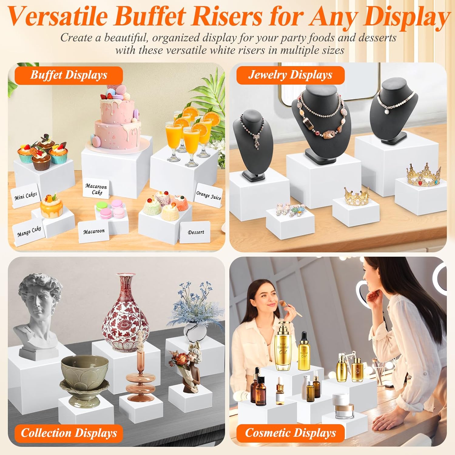Thumbnail 3 de 10 Pcs White Acrylic Buffet Risers with Mini Sign & Marker — 2-in-1 Nesting Display Stands for Buffet, Desserts, Jewelry and Collectibles