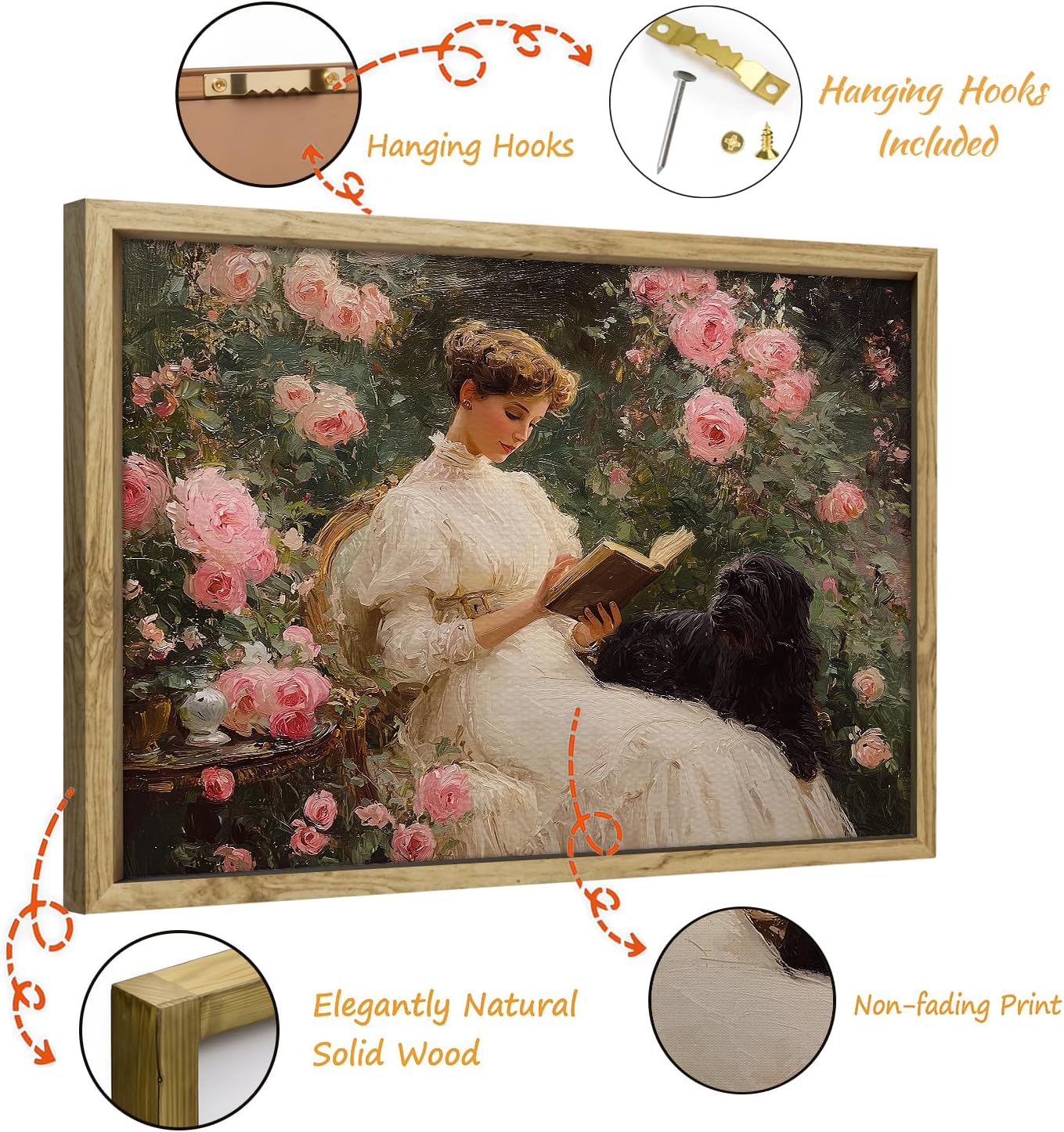 Detalle 2 de Vintage Framed Wall Art: Woman Reading Book Portraits in Rose Garden (30x40cm)