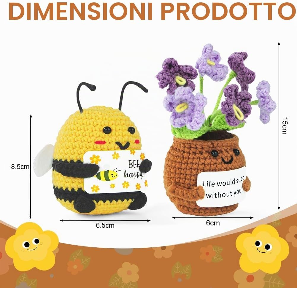 Detalle de Vicloon Mini Positive Doll: pianta in vaso fatta a maglia con citazione positiva