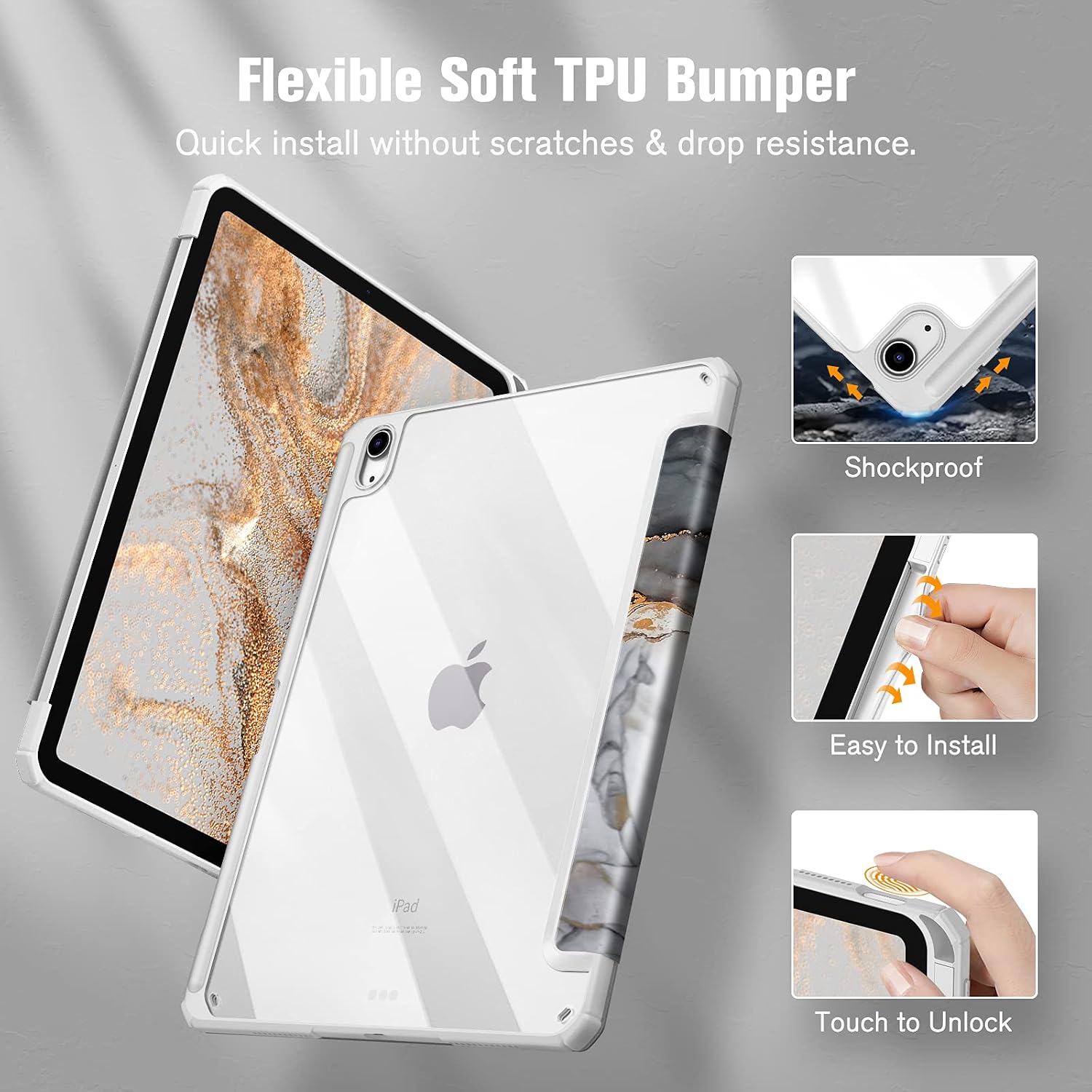 Detalle de FINTIE Hybrid Case for iPad Air 11-inch (M4/M3/M2) – shockproof slim clear acrylic cover with Pencil holder, cloudly marble