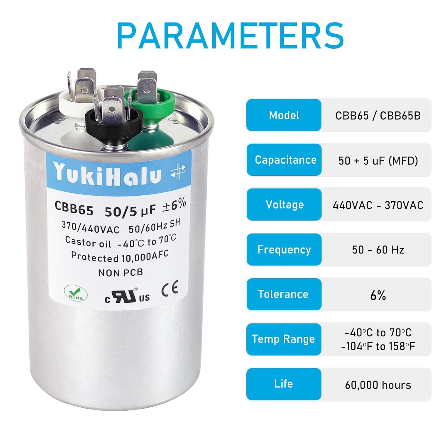 Detalle 2 de YukiHalu CBB65 50+5 uF Dual Run Capacitor, 370/440 VAC for HVAC