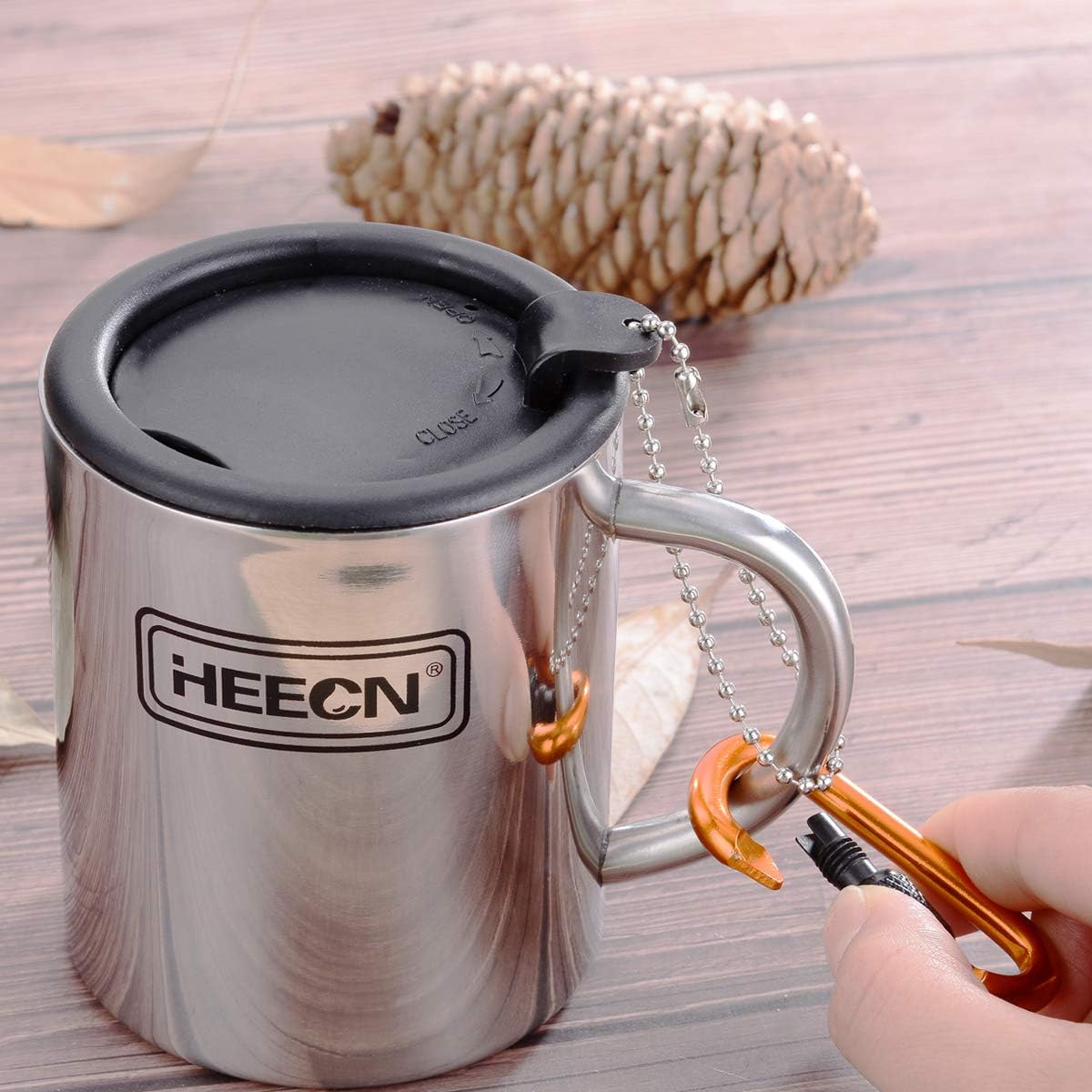 Thumbnail 2 de HEECN tazze da caffè da campeggio doppia parete in acciaio inox 18/8 da 260 ml con coperchio girevole e moschettone HESS-038BBK