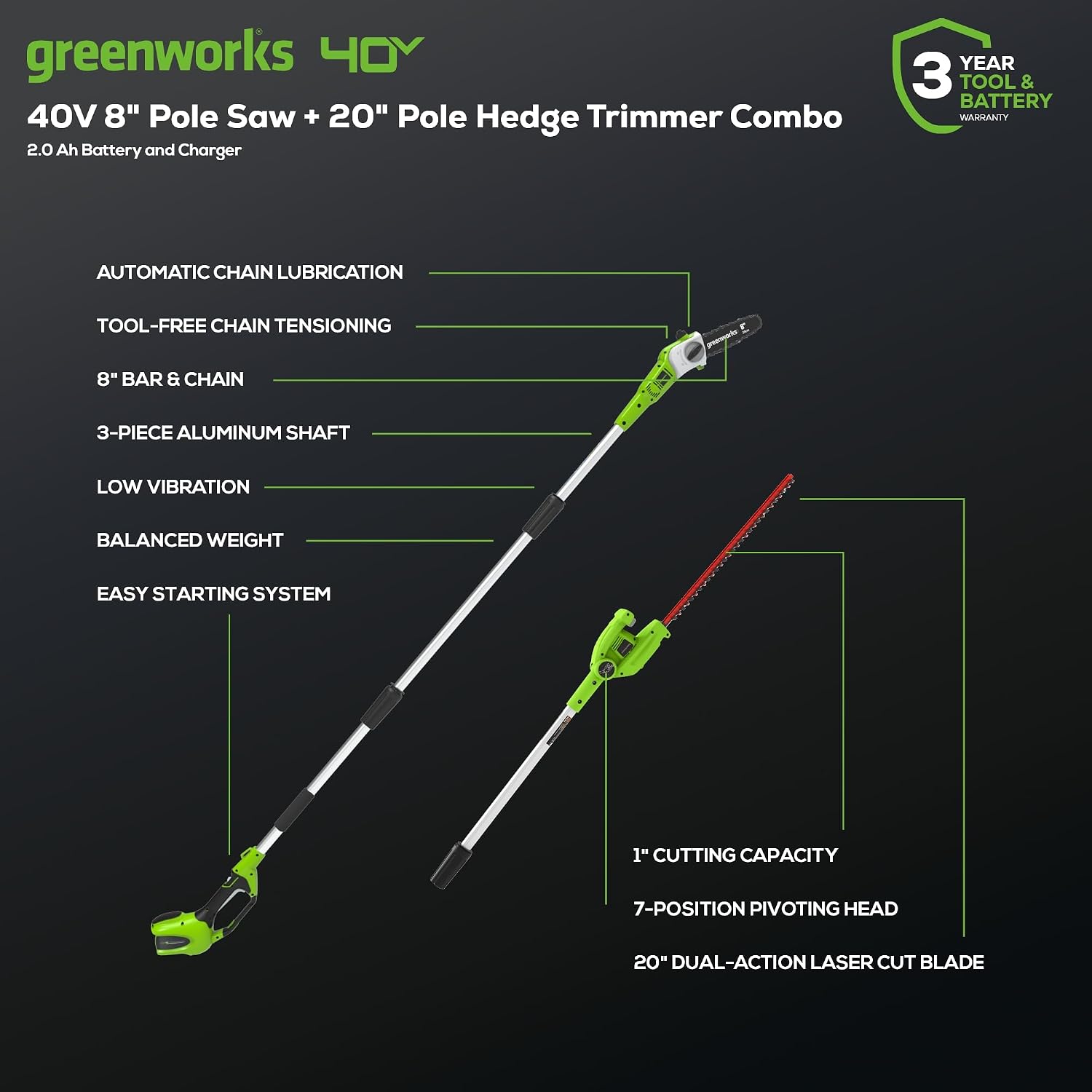 Detalle de Greenworks Pole Saw and Hedge Trimmer Kit 40V