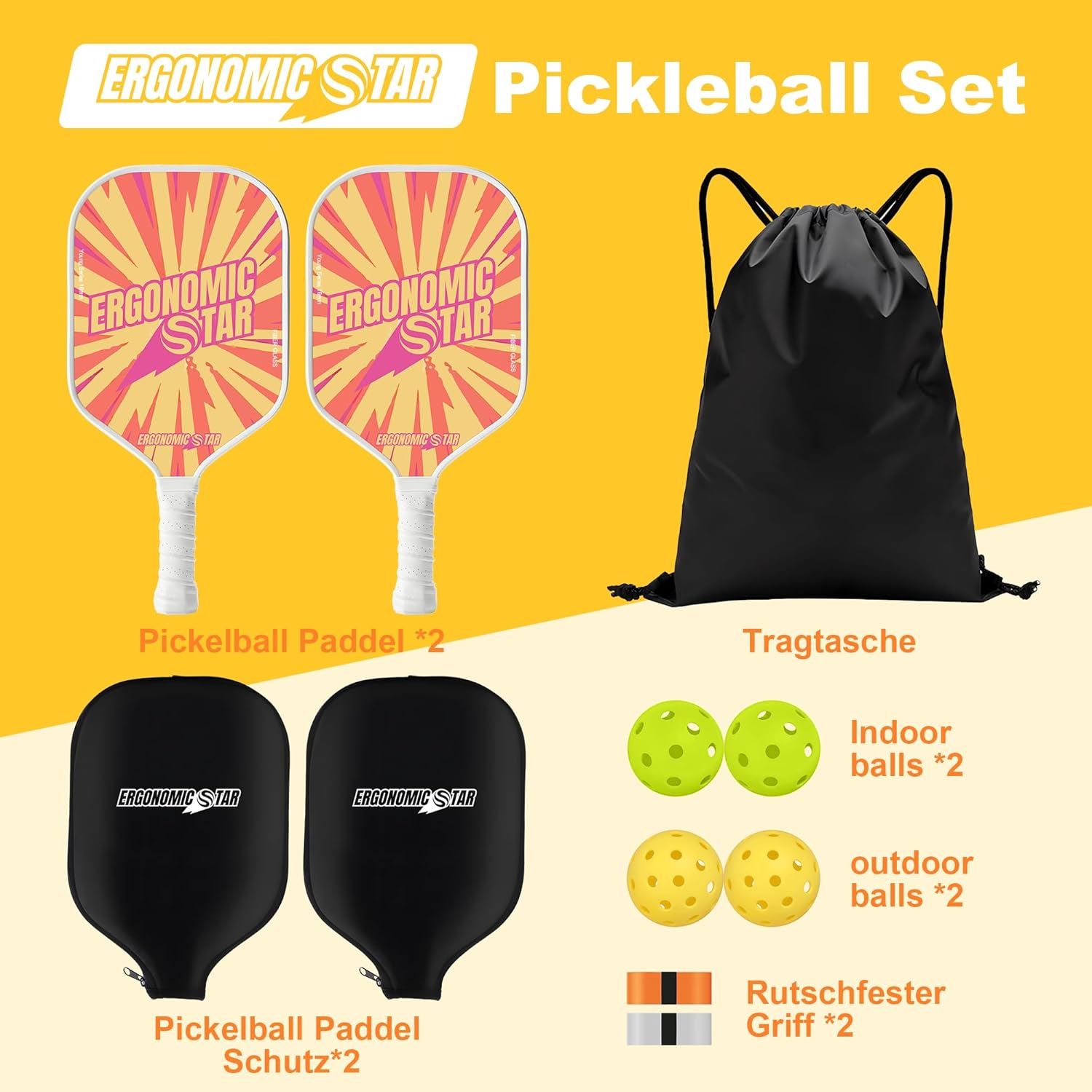 Thumbnail 4 de Ergonomicstar Pickleball-Set (Fiberglas-Schläger) mit 4 Bällen & Tragetasche – leicht für drinnen und draußen