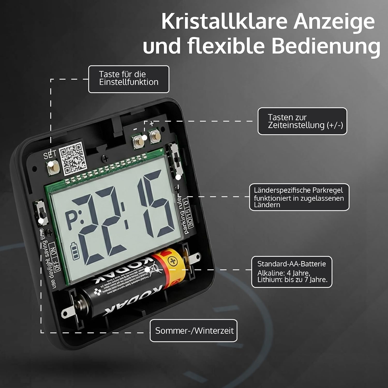 Detalle de parkzeit NEW 2026 Elektronische Parkscheibe (automatisch, KBA-zugelassen) mit 1× AA-Langlaufbatterie
