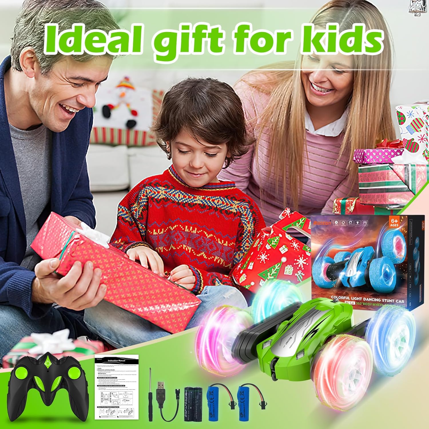 Detalle de Rodzon Remote Control Car for Kids 6+ – Stunt RC Car with Lights (Green)
