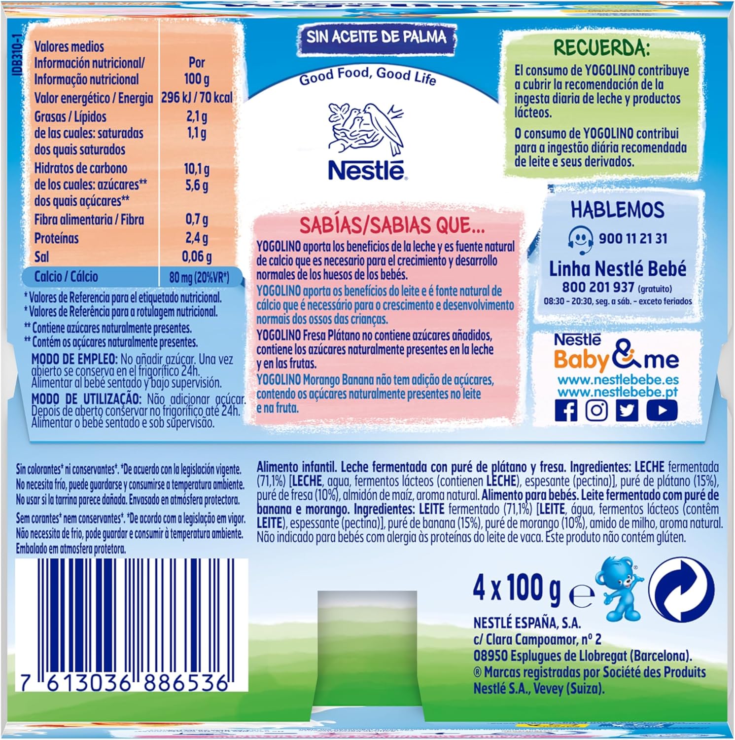 Detalle de Nestlé Yogolino Fresa Plátano 🥄 Pack 6 (4x100g) a partir de 8 meses