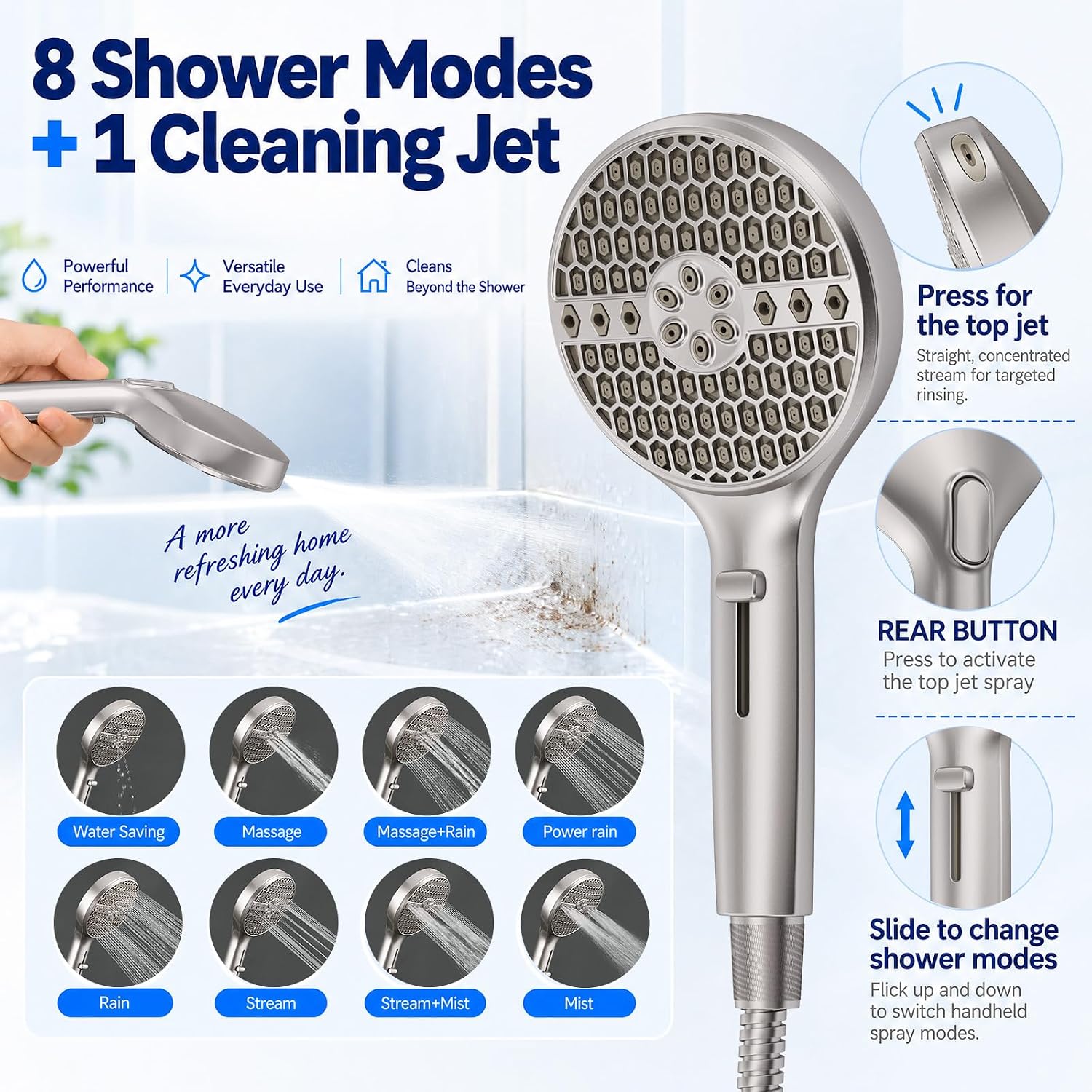 Detalle de Veken SHT3V103 Filtered Shower Head Combo, Nickel, 8-Mode Rain and 9-Mode Handheld
