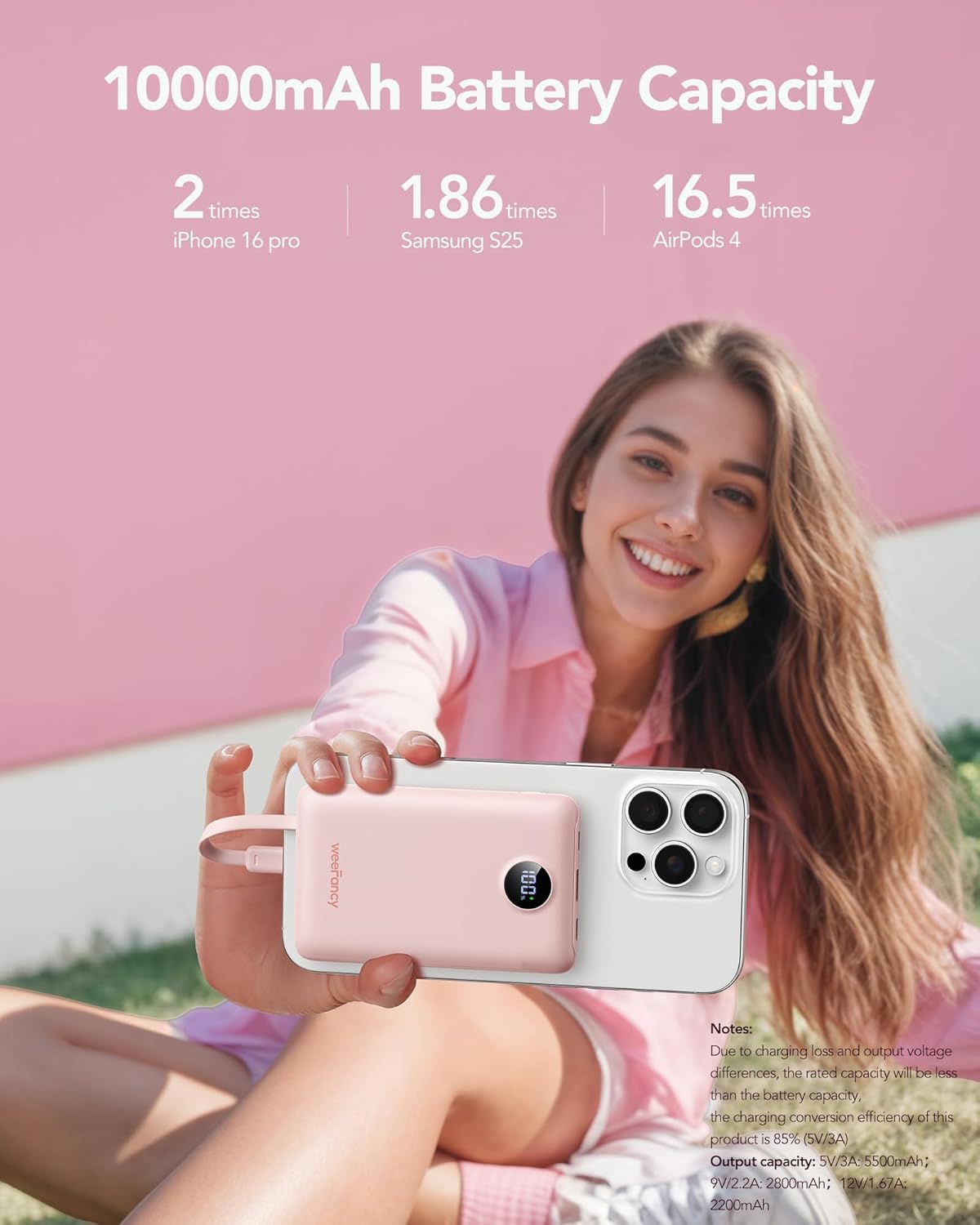 Thumbnail 5 de WeeFancy 10000mAh Power Bank with Built-in Cables, Fast Charging (22.5W) – Pink