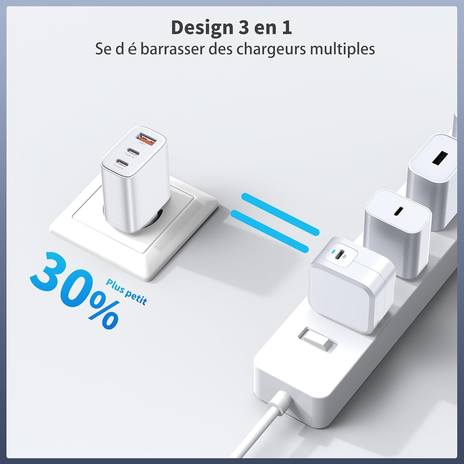 Thumbnail 1 de BHHB Chargeur USB-C 30W 3 Ports – Bloc d'alimentation rapide avec câble 2 m