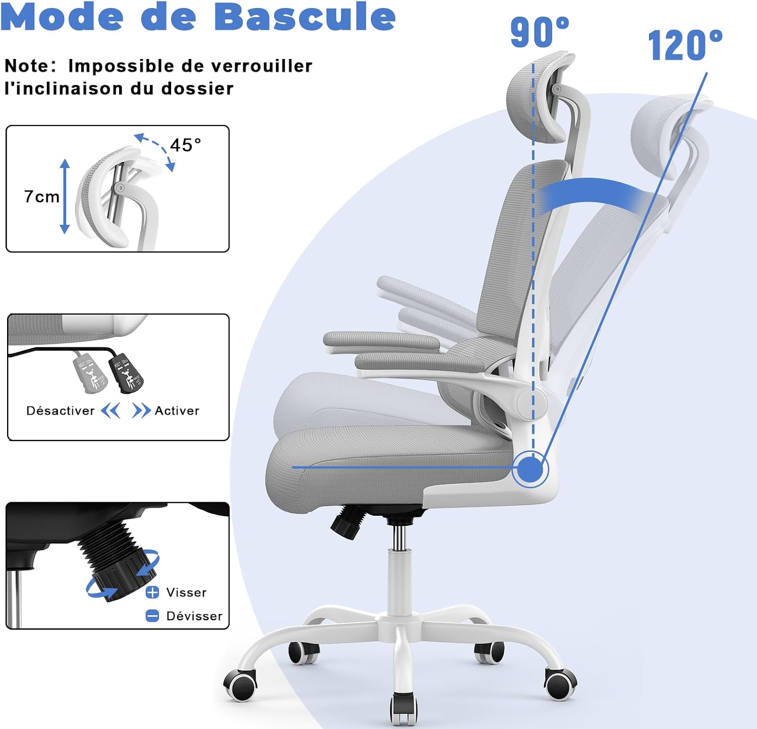 Thumbnail 5 de Chaise de Bureau Ergonomique Naspaluro — soutien lombaire ajustable, dossier en maille, repose-tête et accoudoirs rabattables (gris)